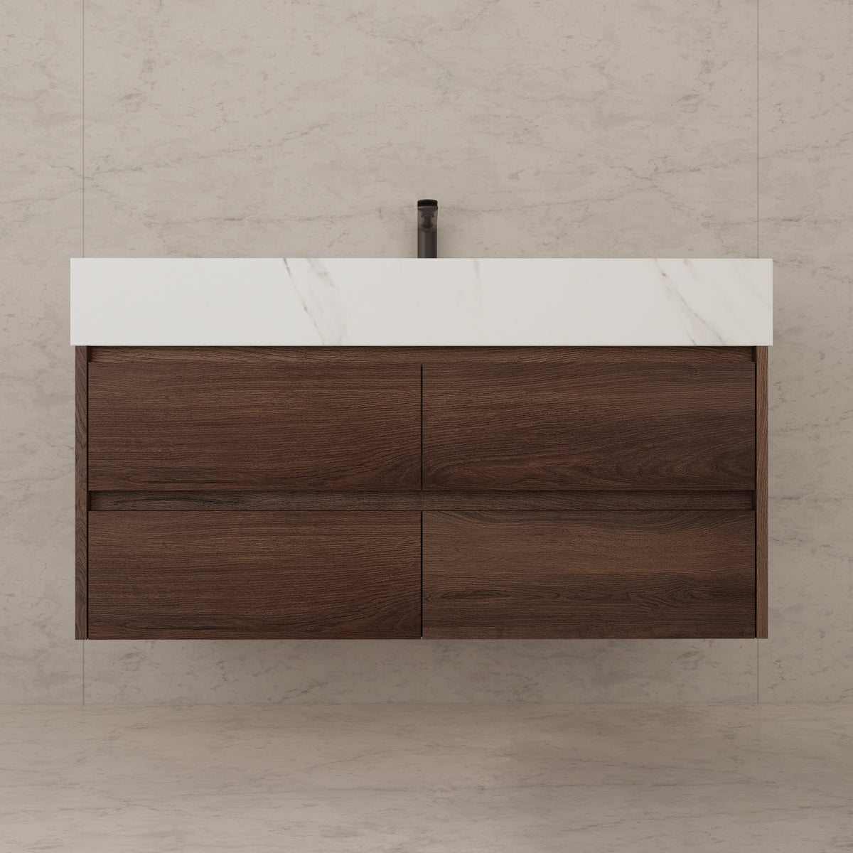 48"，60" Walnut Sintered Stone Top With Four Drawer Floating Bathroom Vanity