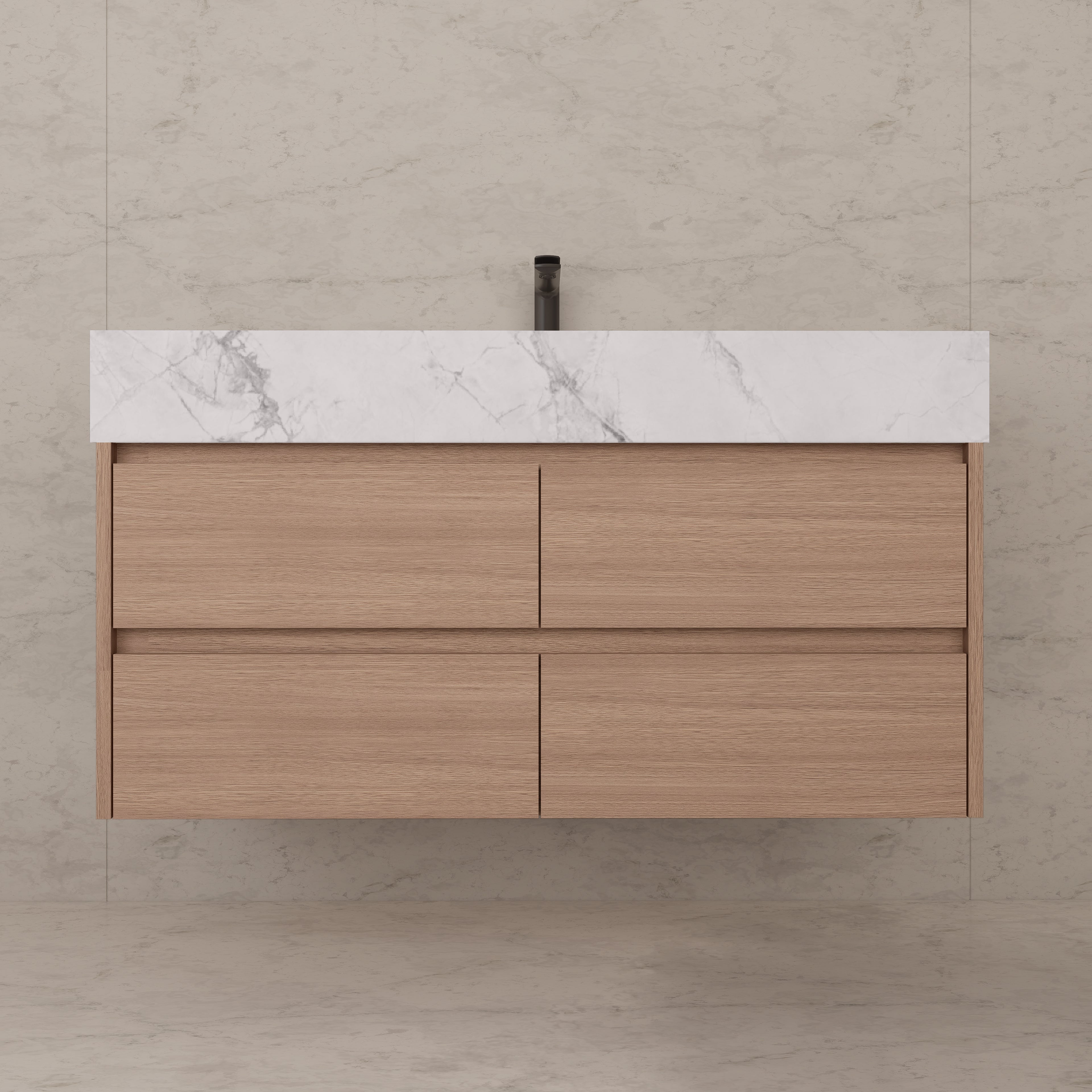 48"，60" Smoked Oak Sintered Stone Top With Four Drawer Floating Bathroom Vanity