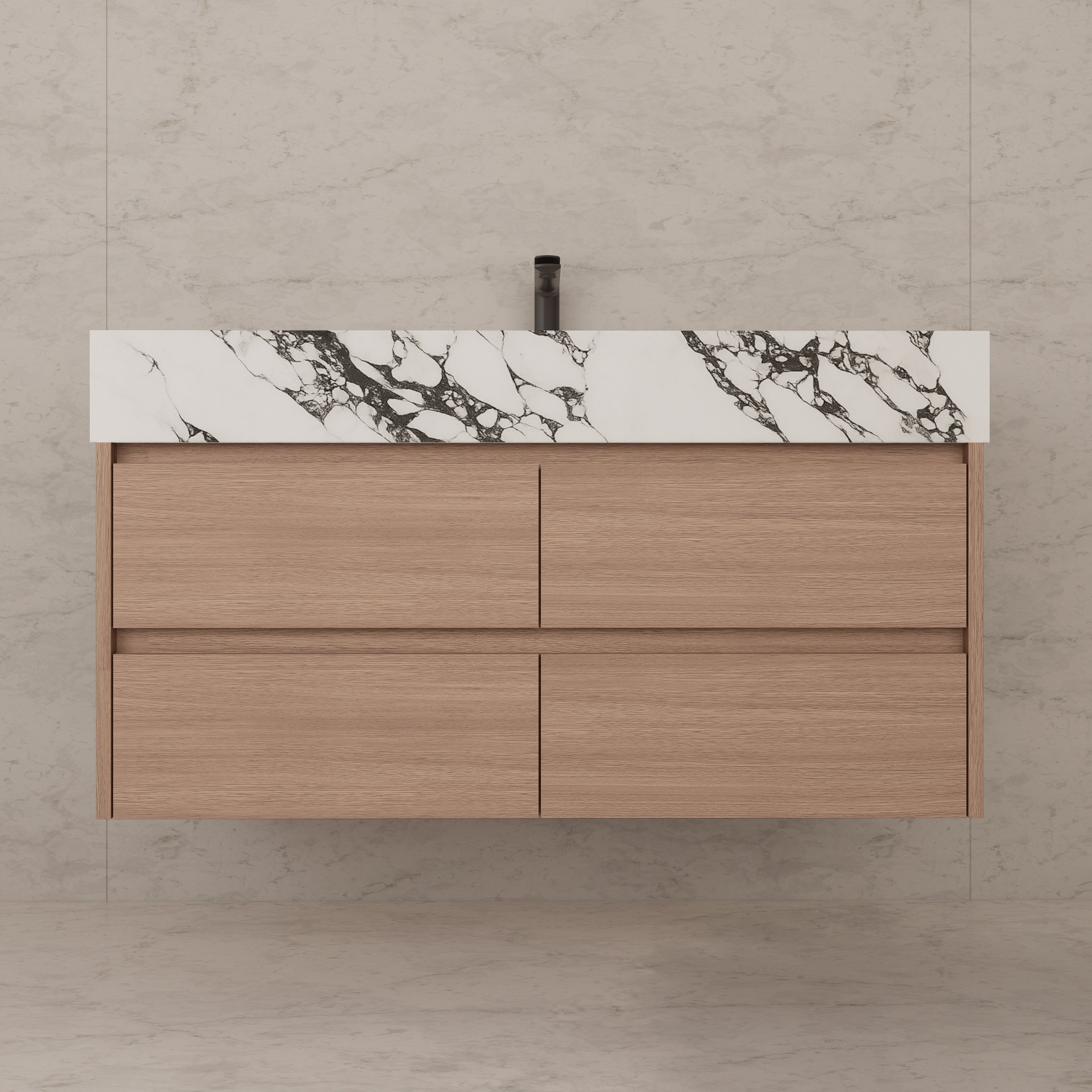 48"，60" Smoked Oak Sintered Stone Top With Four Drawer Floating Bathroom Vanity