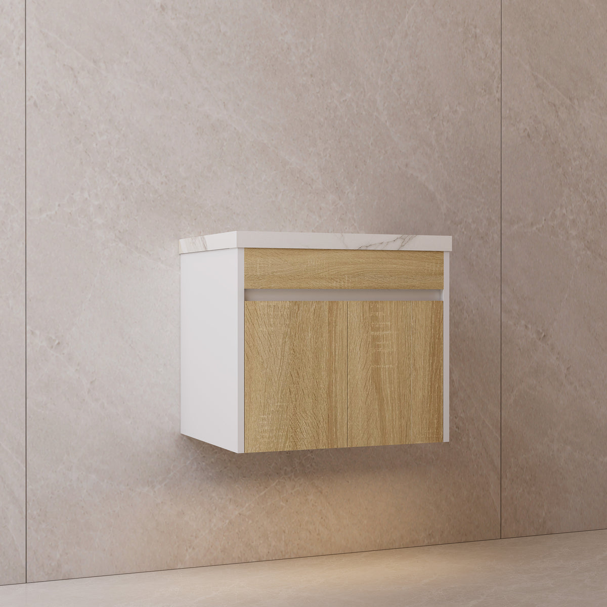 24" Floating Bathroom Vanity — Sintered Stone Top with Seamless Ceramic Sink, Oak & White