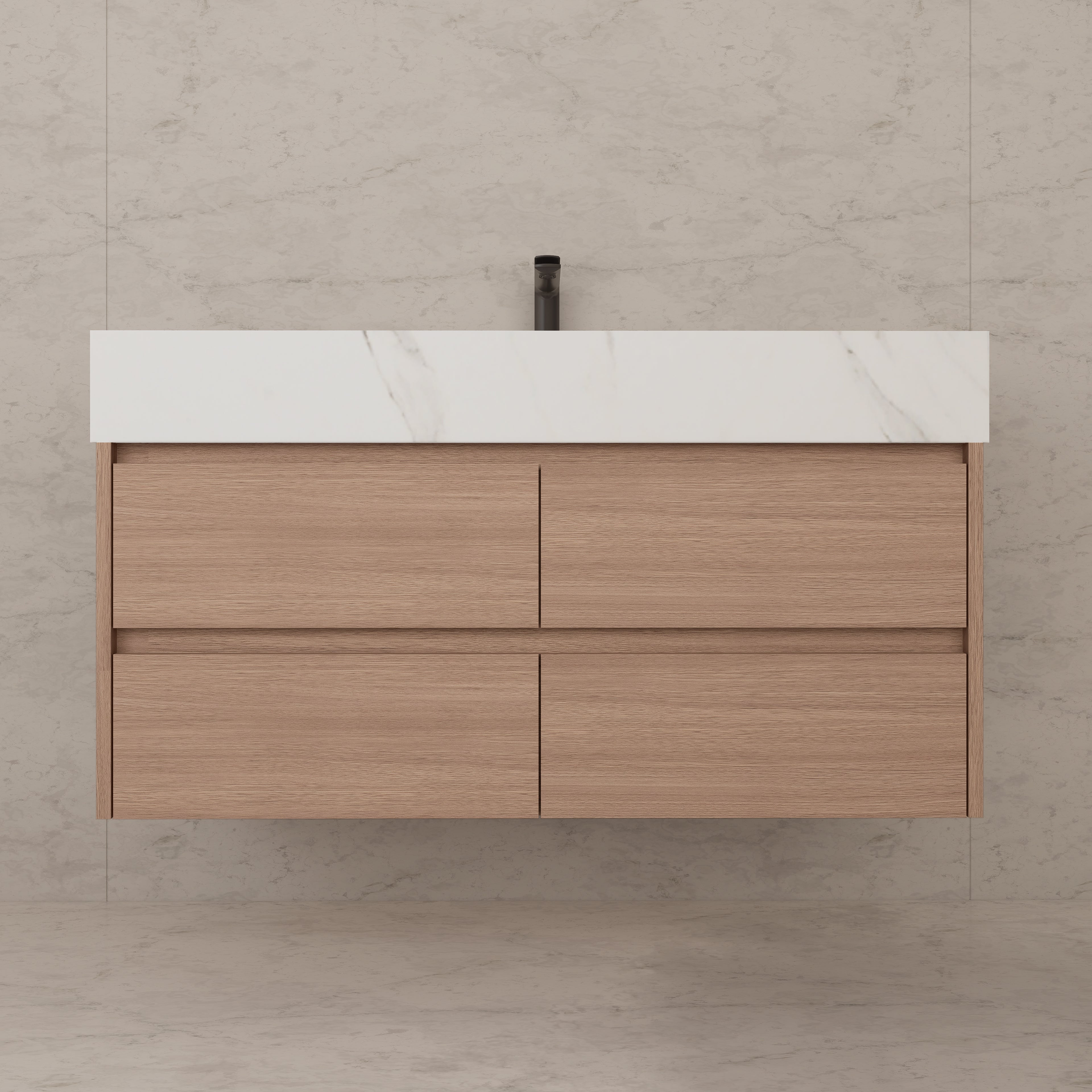 48"，60" Smoked Oak Sintered Stone Top With Four Drawer Floating Bathroom Vanity