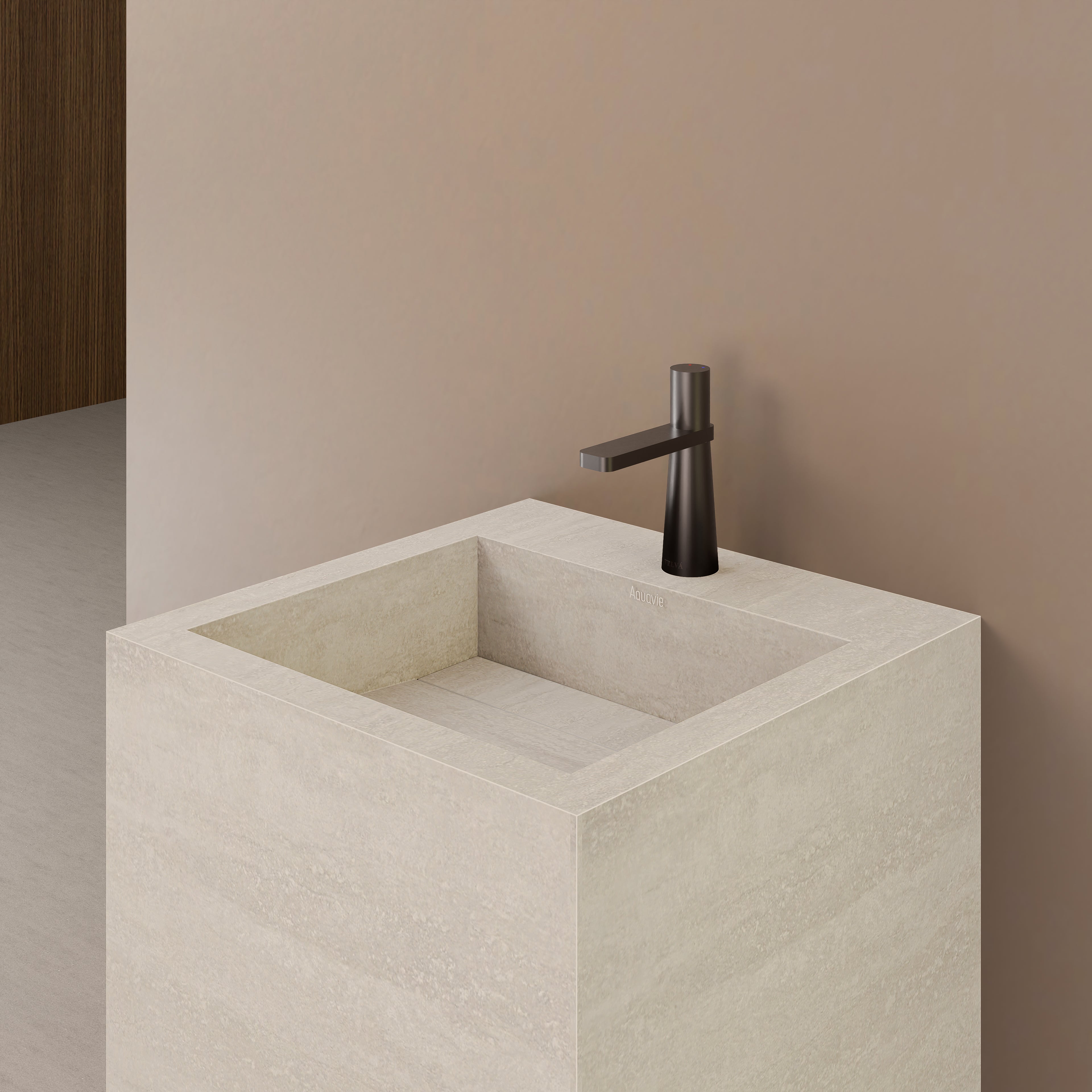 Monolithic Freestanding Pedestal Sink | Ivory Sand Sintered Stone Ramp Basin with Hidden Drain