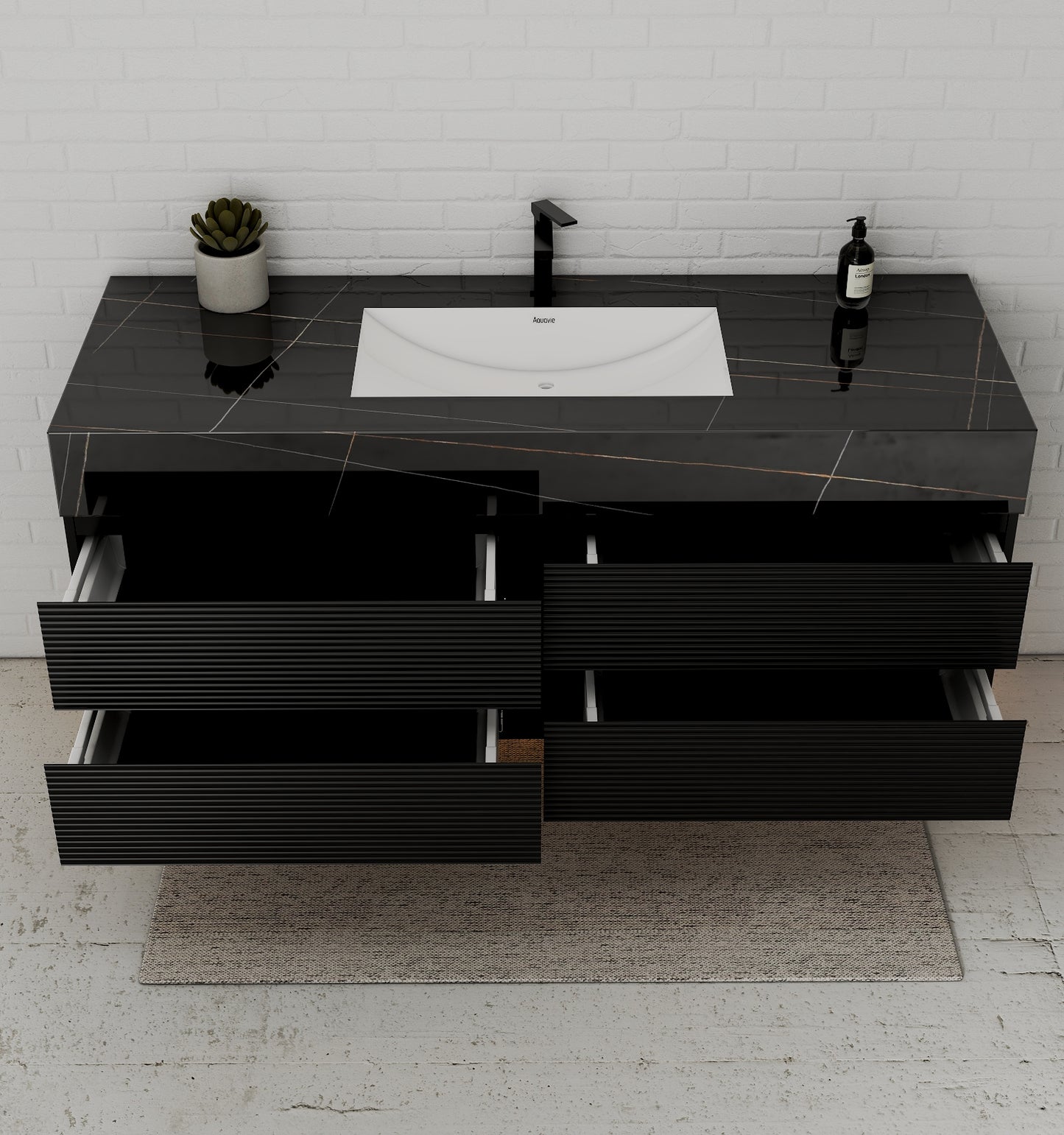 Black 60" Wall-Mounted Single Sink Bathroom Vanity with Fluted Drawers