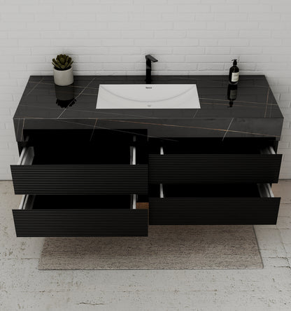Black 60" Wall-Mounted Single Sink Bathroom Vanity with Fluted Drawers
