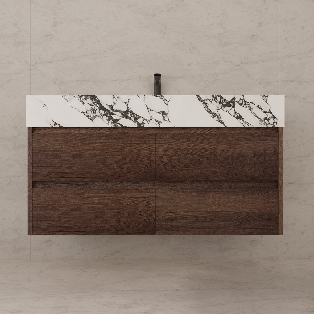 48"，60" Walnut Sintered Stone Top With Four Drawer Floating Bathroom Vanity