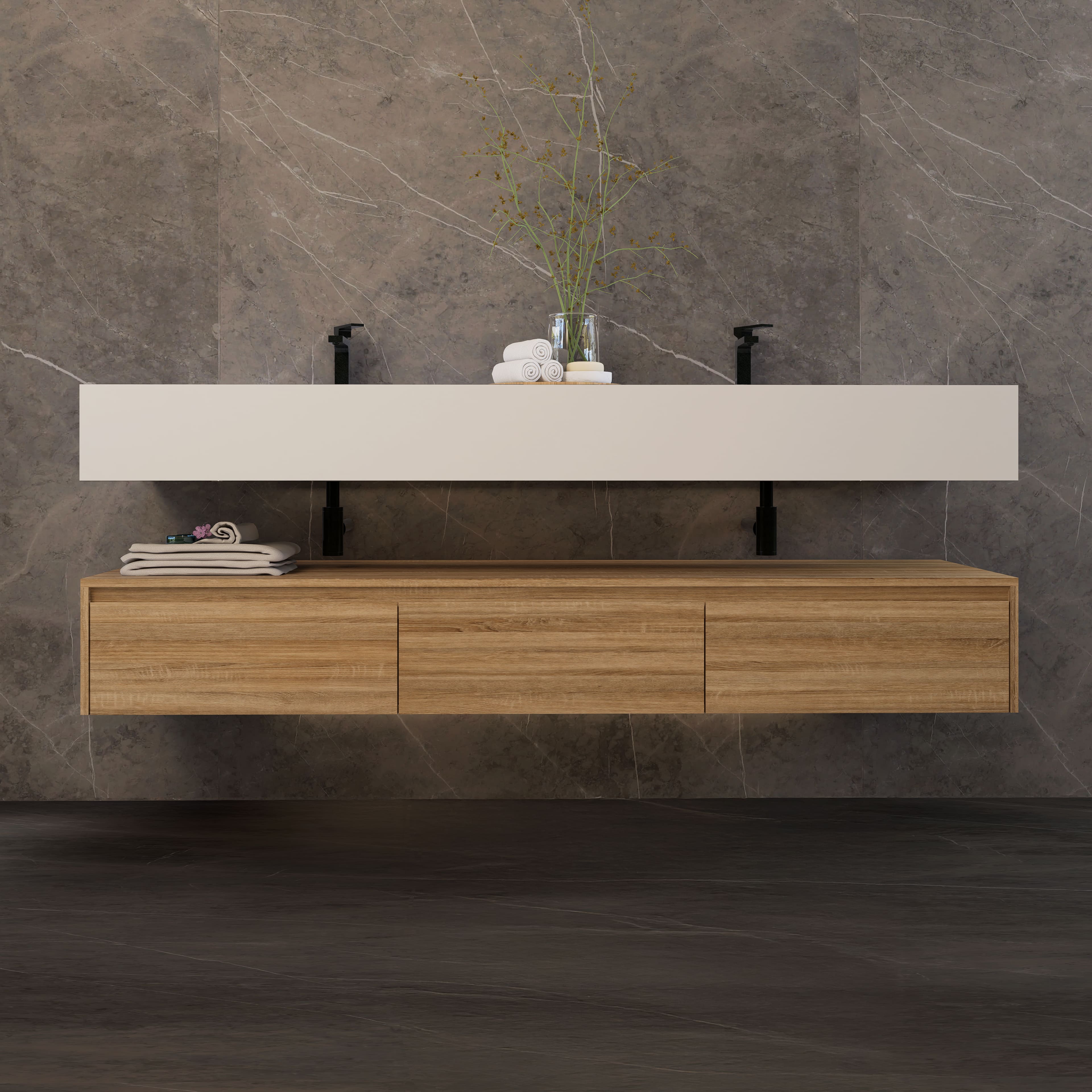 71" Wall Mount Bathroom Vanity - Stone Integrated Basin & Plywood Cabinet