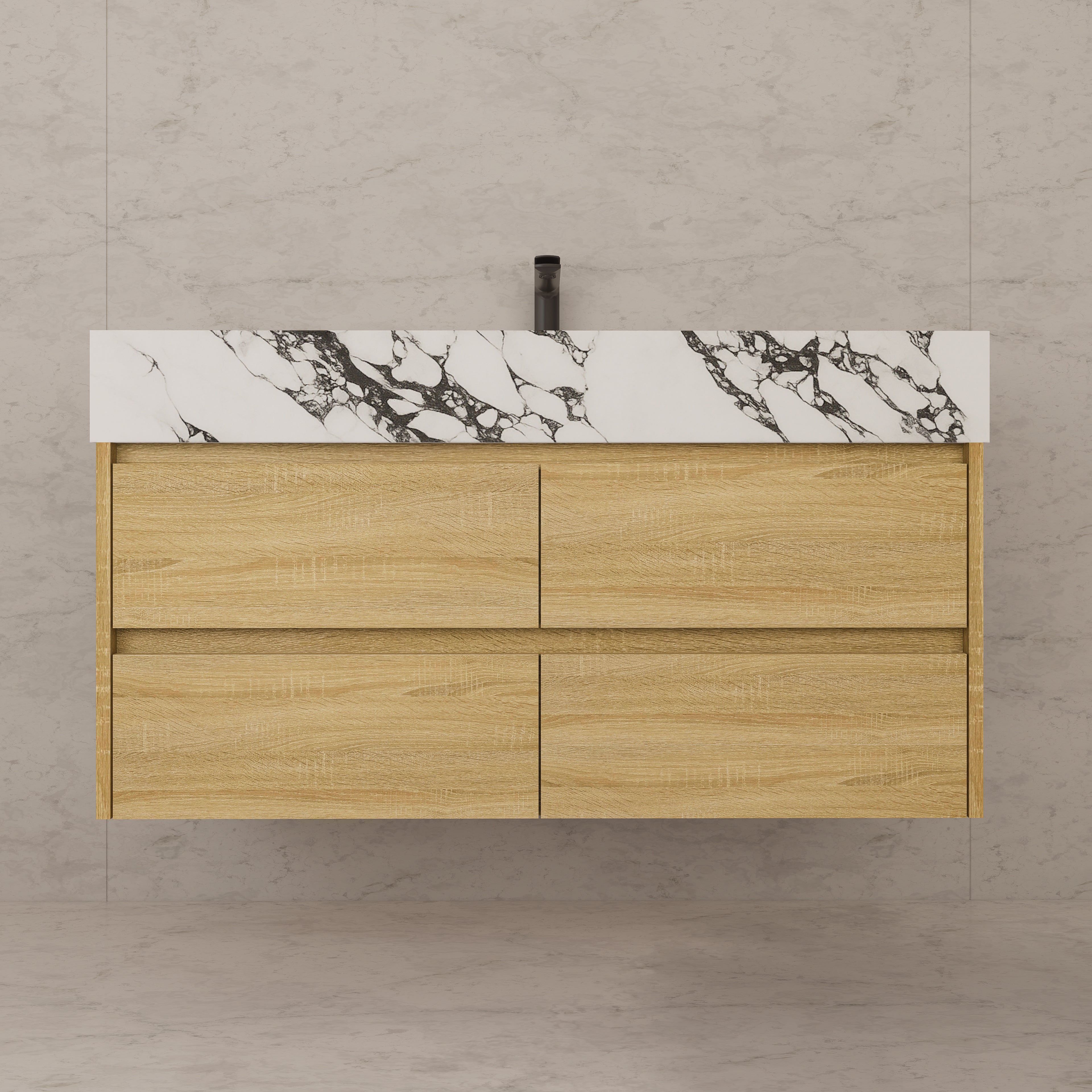 48"，60" Light Oak Sintered Stone Top With Four Drawer Floating Bathroom Vanity