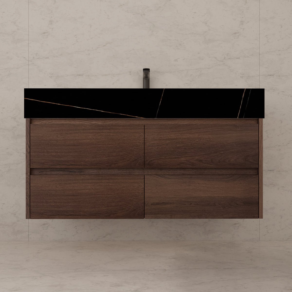 48"，60" Walnut Sintered Stone Top With Four Drawer Floating Bathroom Vanity