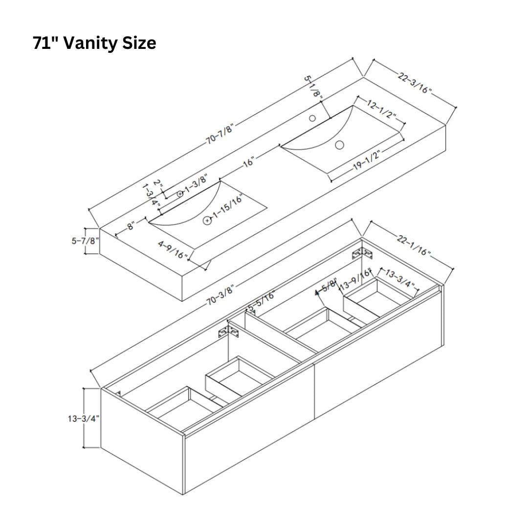 60"/ 71" Nature Oak Double Sink Stone Top with Single Floating Bathroom Vanity