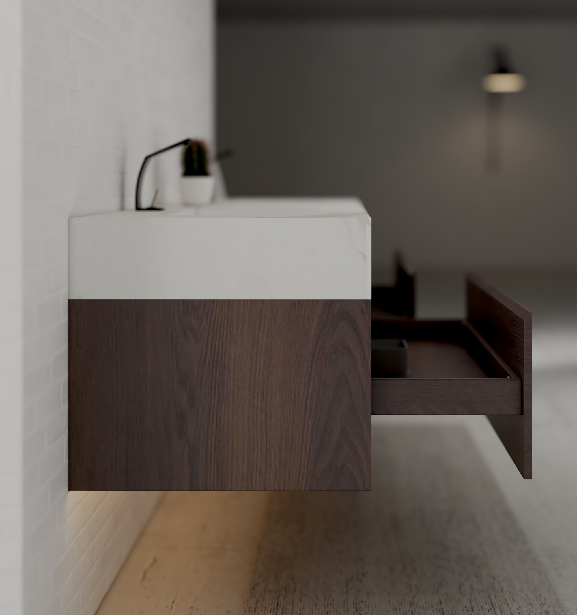 48", 60" Walnut Sintered Stone Top with Double Drawer Floating Bathroom Vanity