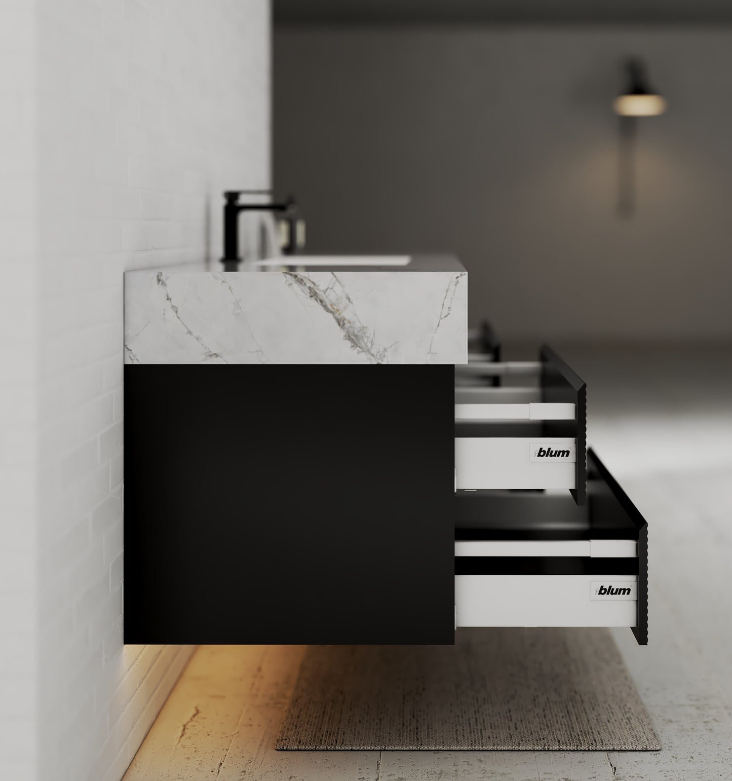 Black 60" Wall-Mounted Single Sink Bathroom Vanity with Fluted Drawers