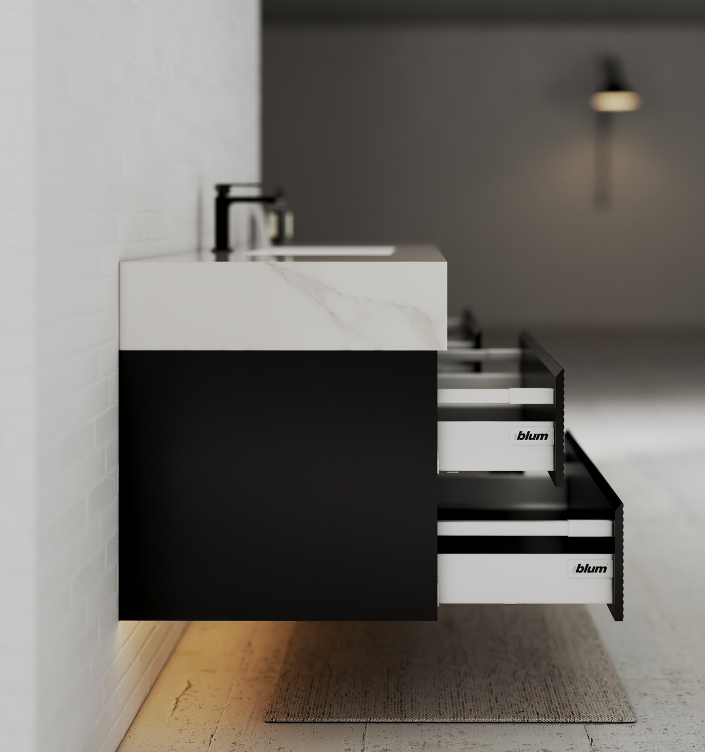 Black 60" Wall-Mounted Single Sink Bathroom Vanity with Fluted Drawers