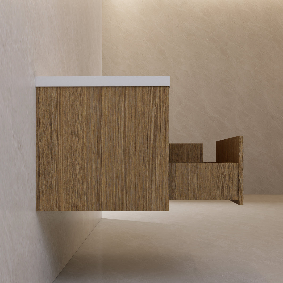 Floating Vessel Sink Vanity — Natural Oak Cabinet with Sintered Stone Top, Door & Drawer