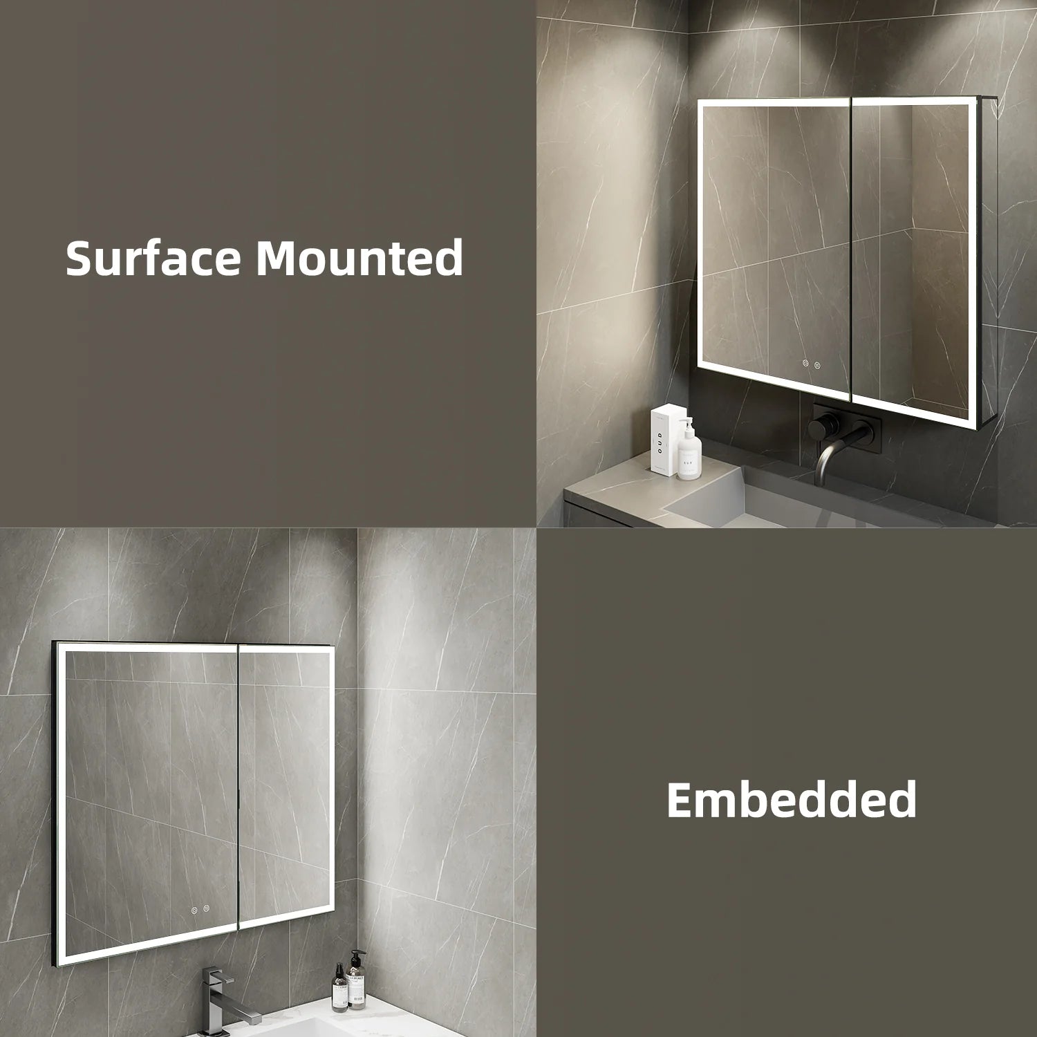 36"x32" Bathroom LED Mirror Cabinet – Dimmable Light, Anti-Fog, Recessed or Surface Mount 36"x32"