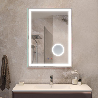 Mirror with integrated LED light, magnifying mirror, anti-fog and dimming functions.