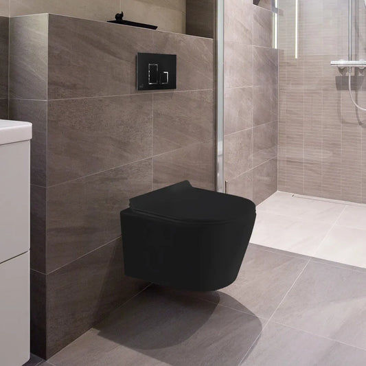Dual-flush Matte black wall toilet with black control plate PARETO.