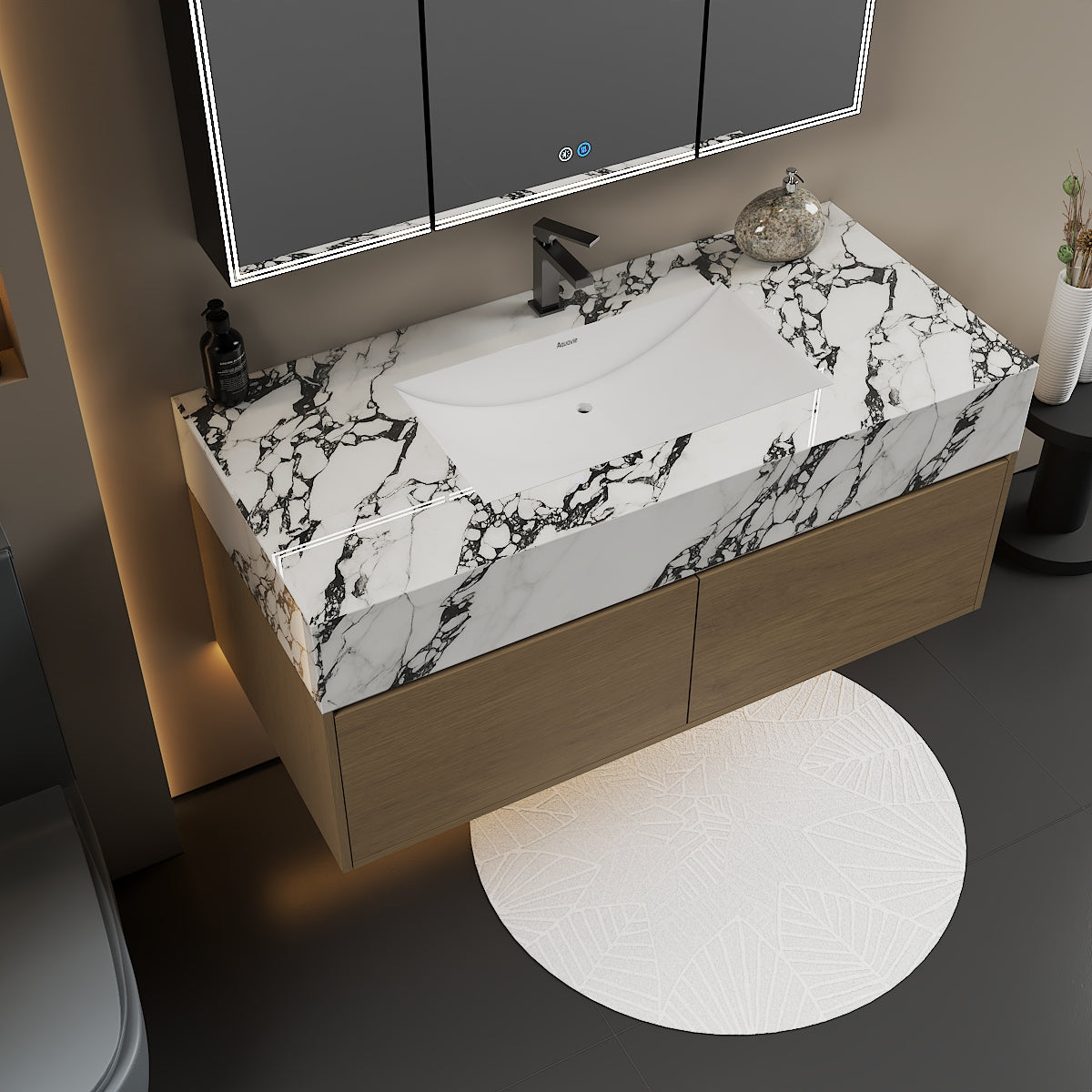 48 inch floating vanity with Calacatta Black stone top