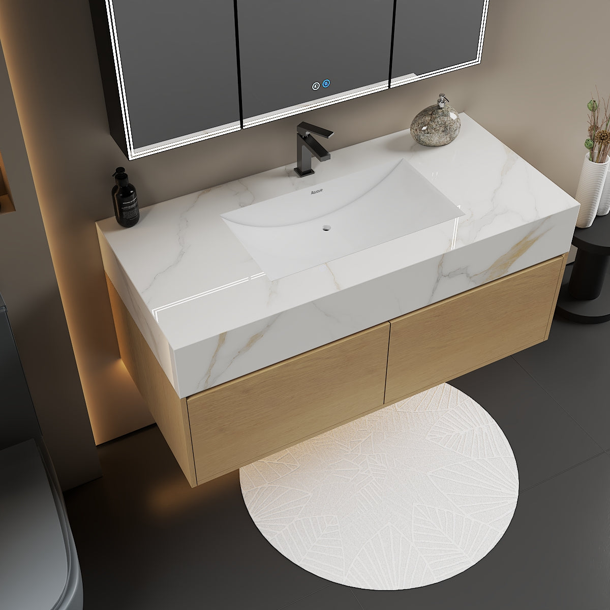 48", 60" Smoked Oak Sintered Stone Top with Double Drawer Floating Bathroom Vanity
