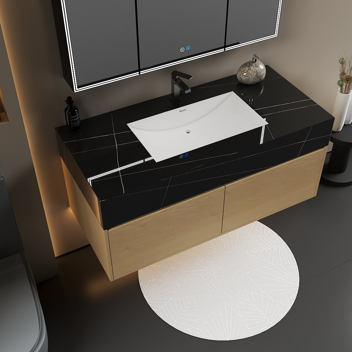48", 60" Smoked Oak Sintered Stone Top with Double Drawer Floating Bathroom Vanity