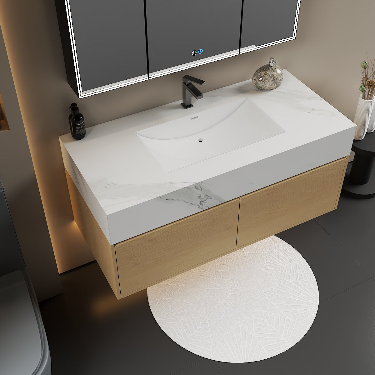 48", 60" Smoked Oak Sintered Stone Top with Double Drawer Floating Bathroom Vanity