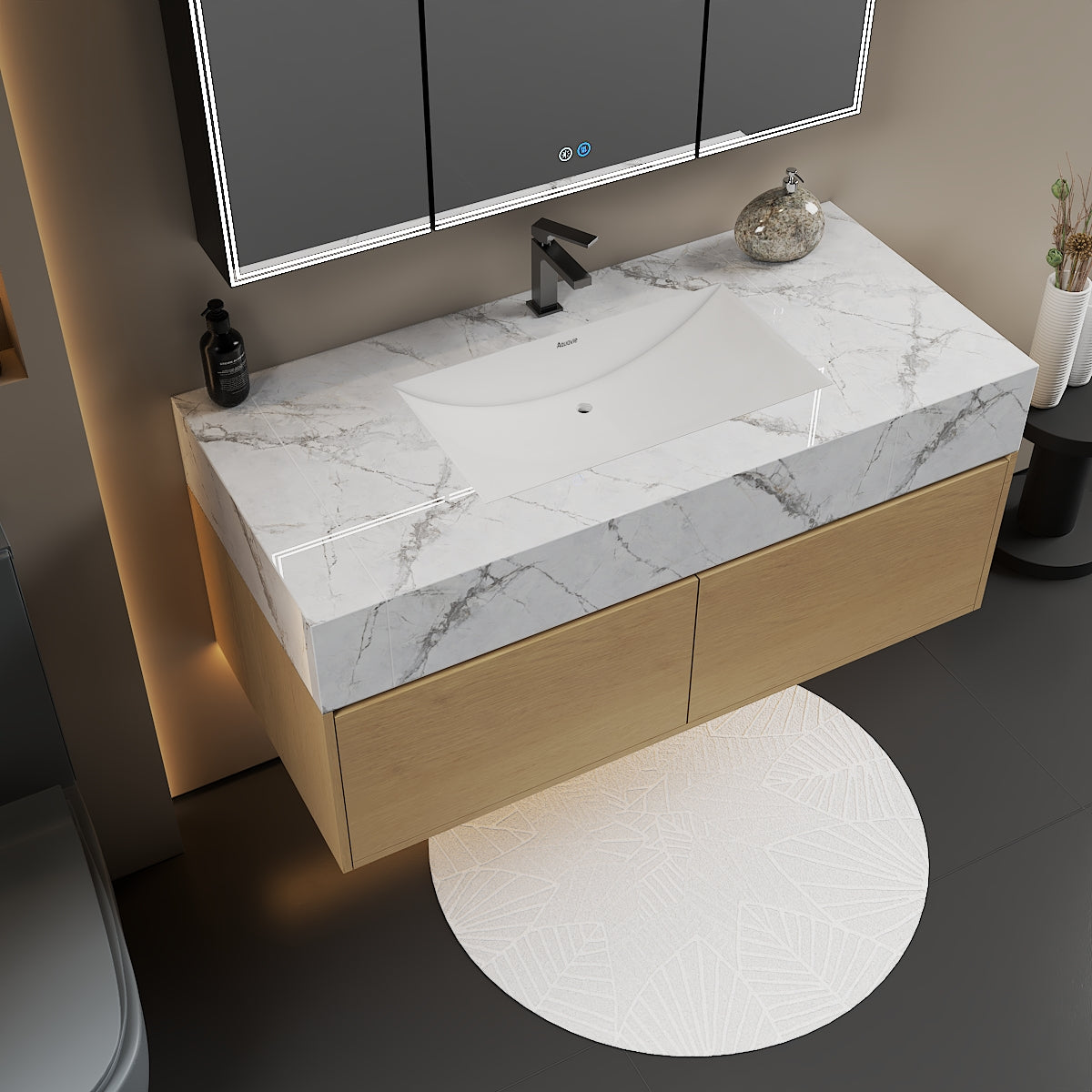 48", 60" Smoked Oak Sintered Stone Top with Double Drawer Floating Bathroom Vanity