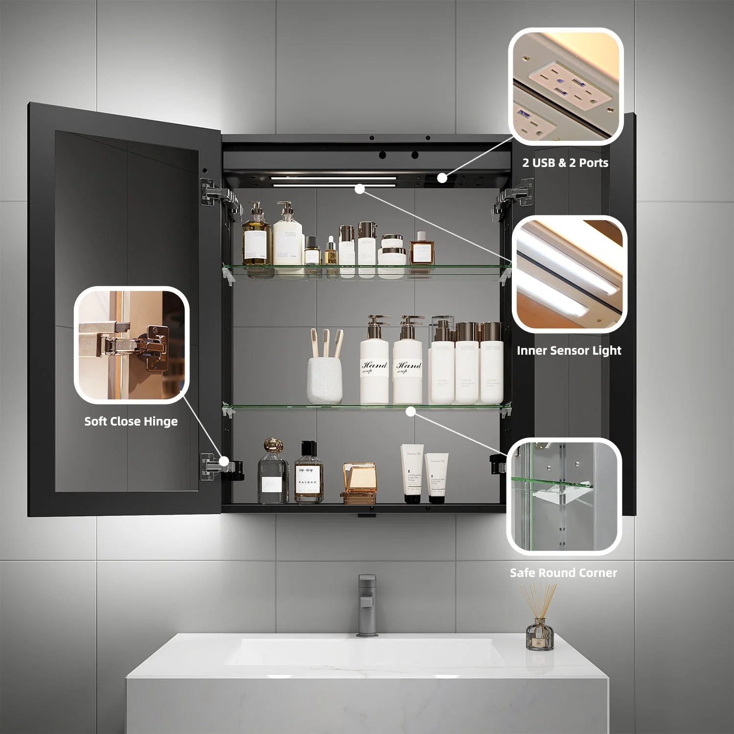 26" x 32" LED Mirror Medicine Cabinet – Aluminum Frame, Anti-Fog, Recessed or Surface Mount 26"x32"