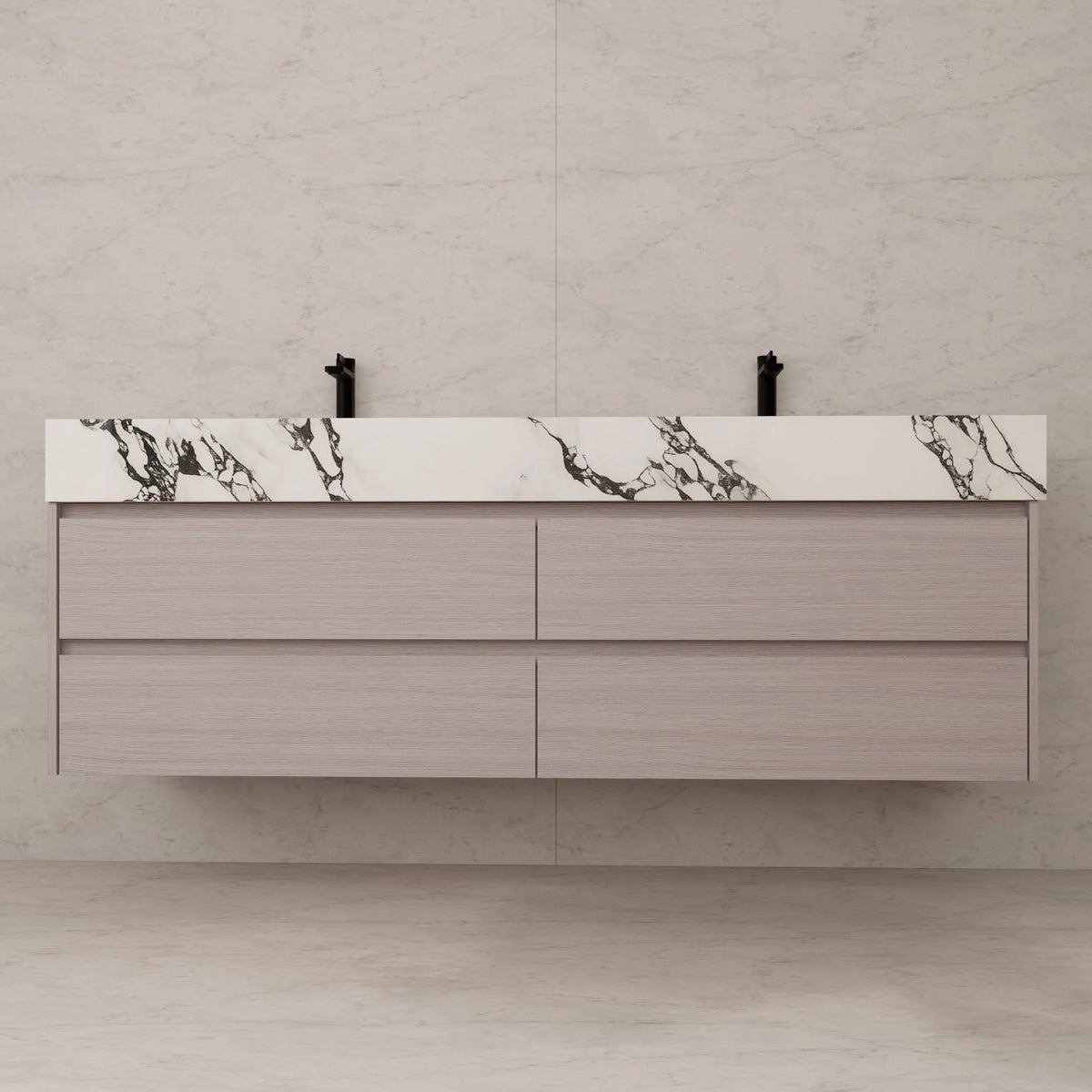 71"，60" Walnut Double Sink Sintered Stone Top with Elegant Floating Bathroom Vanity