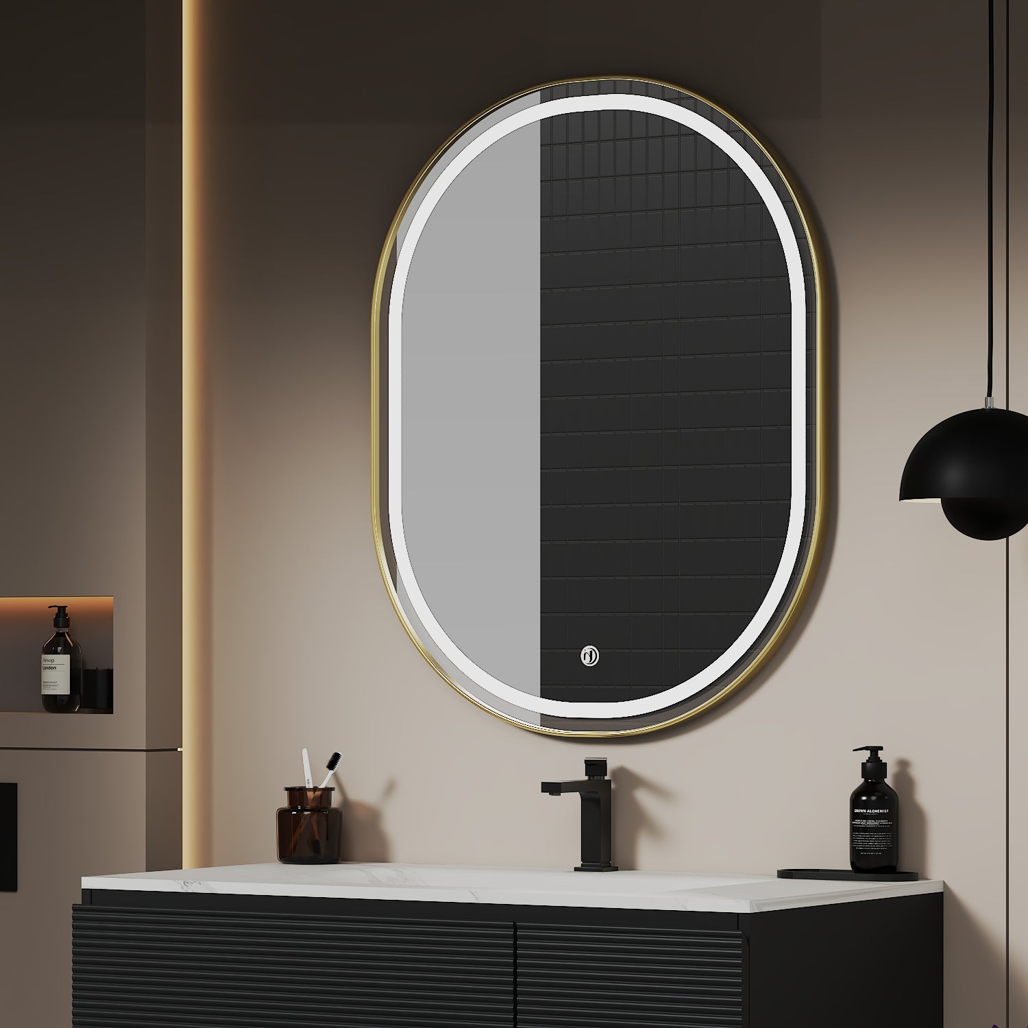Arco Sense LED Mirror – Wave Sensor, Dimming - LED MIrrorBrush Gold NeoNova Decor