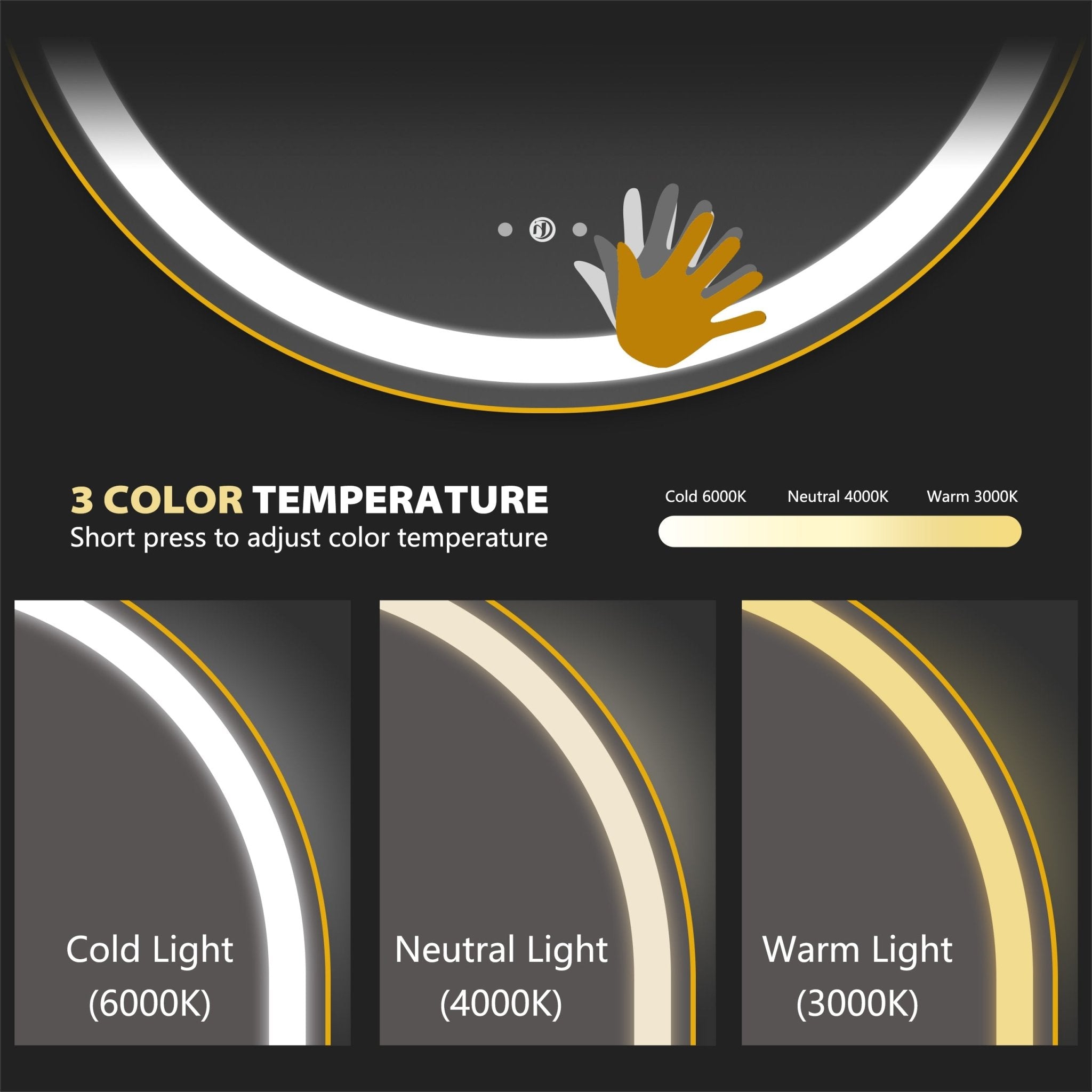 Arco Sense LED Mirror – Wave Sensor, Dimming - LED MIrrorBrush Gold NeoNova Decor