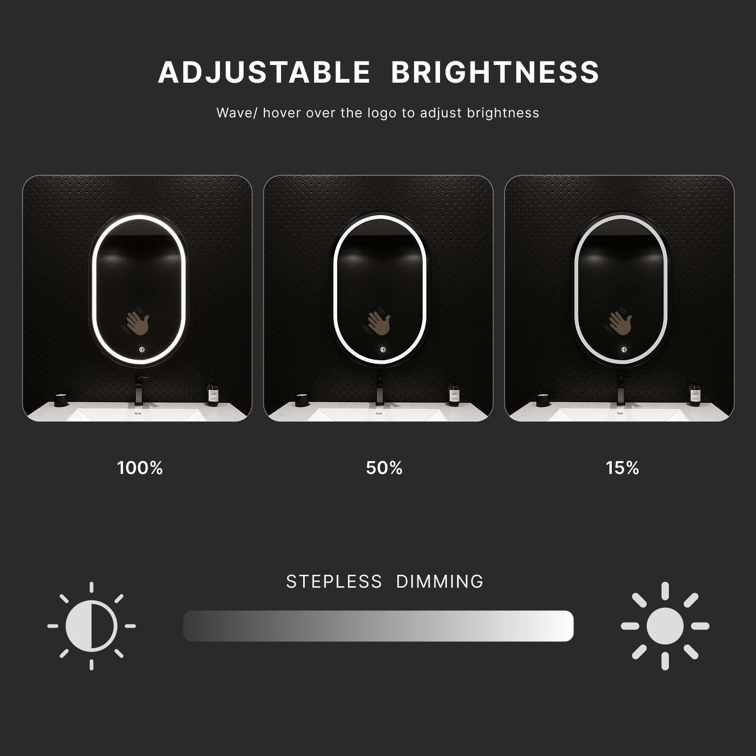 Arco Sense LED Mirror – Wave Sensor, Dimming - LED MIrrorMatte Black NeoNova Decor