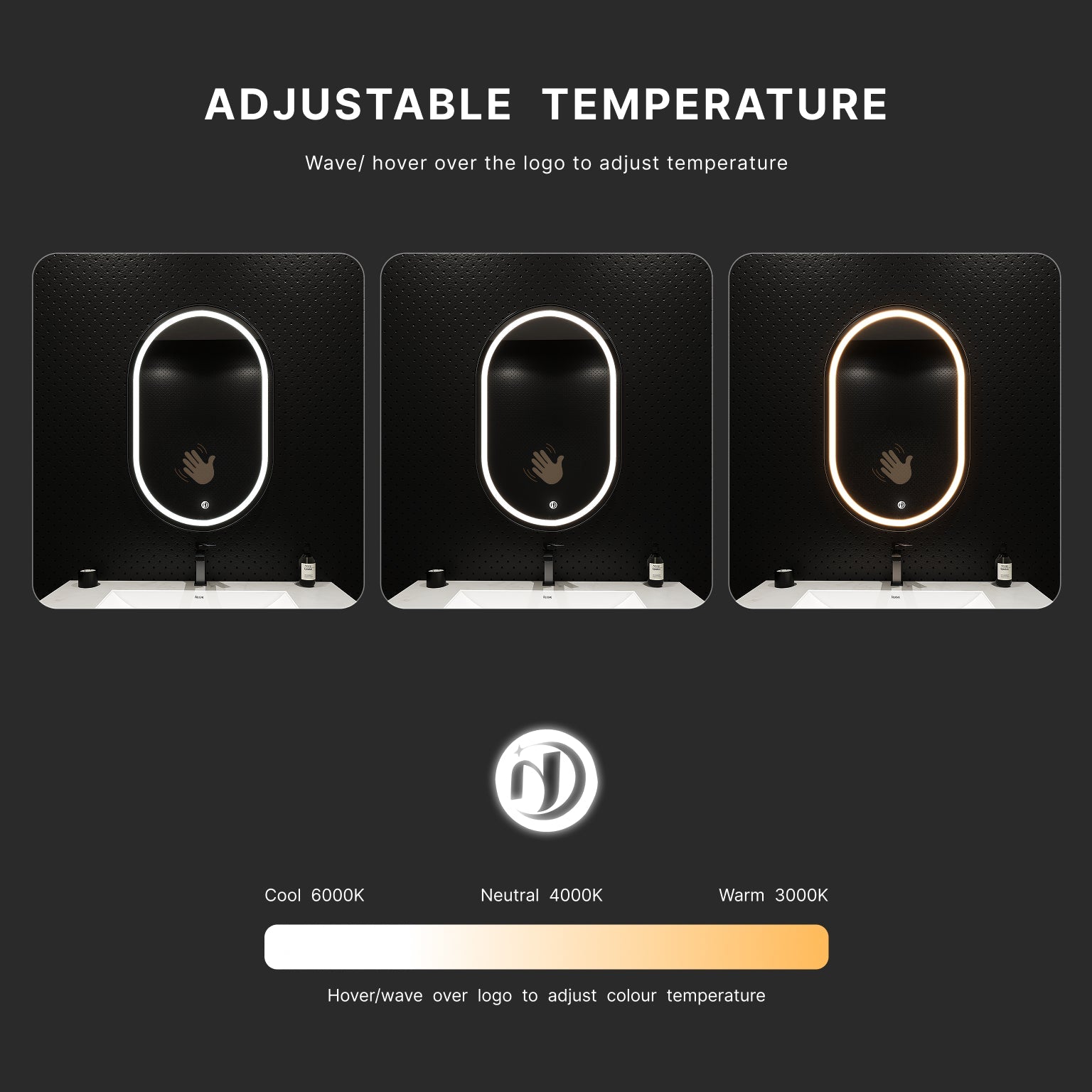 Arco Sense LED Mirror – Wave Sensor, Dimming - LED MIrrorMatte Black NeoNova Decor