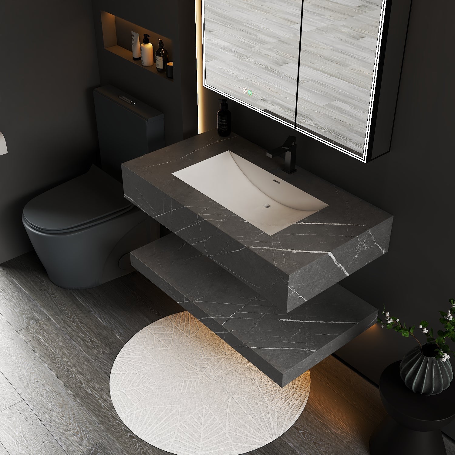 Armani Grey Floating Vanity Without Drawers – Seamless Marble - Look Stone, 40"/48" - A3 - Vanity40 inch NeoNova Decor