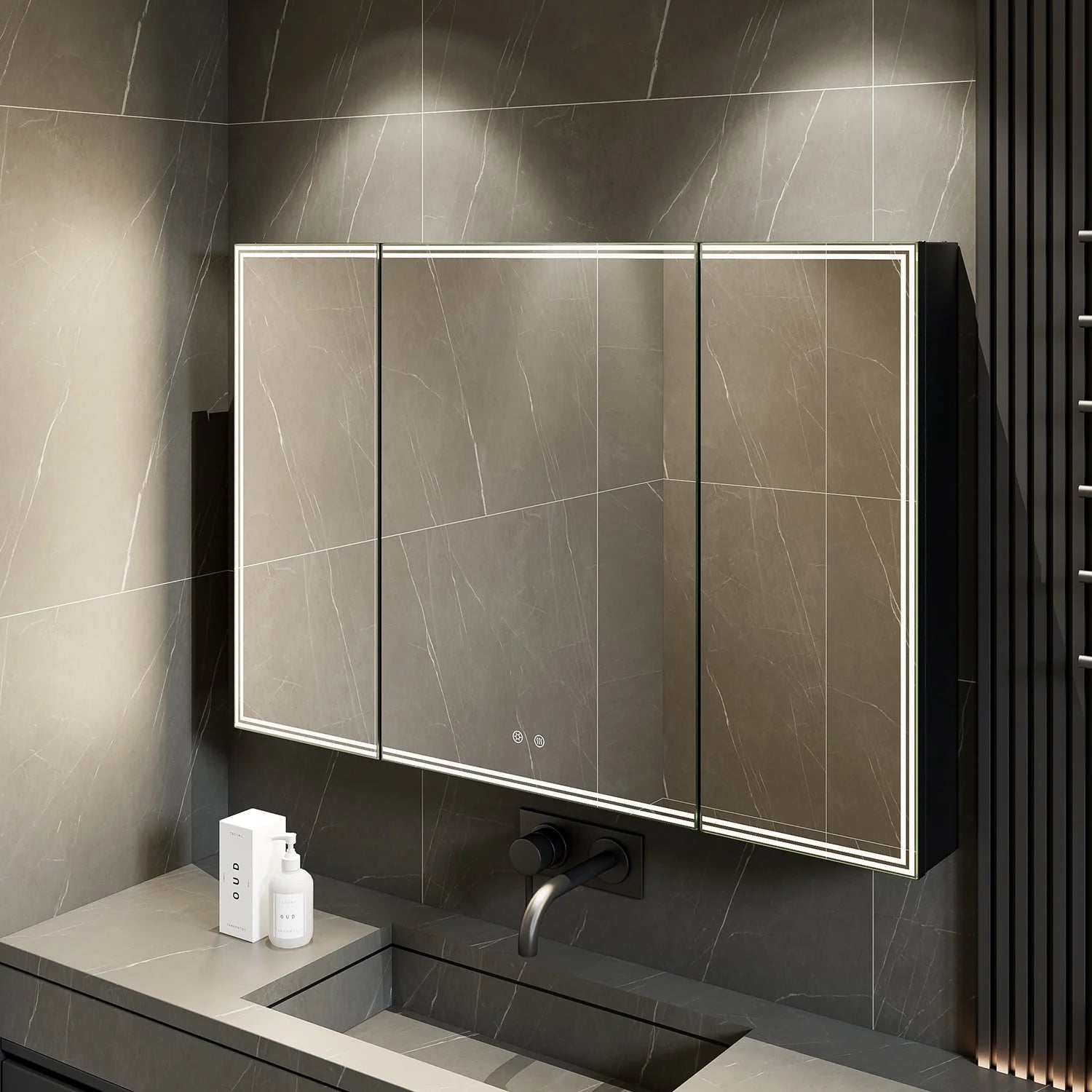 48'' LED Mirror Cabinet with Anti-Fog, Dimmable & Outlet – Blum Hinge，Surface Mount 48"x32"