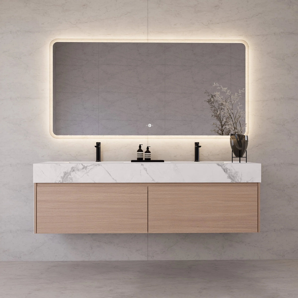 60"/ 71" Nature Oak Double Sink Stone Top with Single Floating Bathroom Vanity