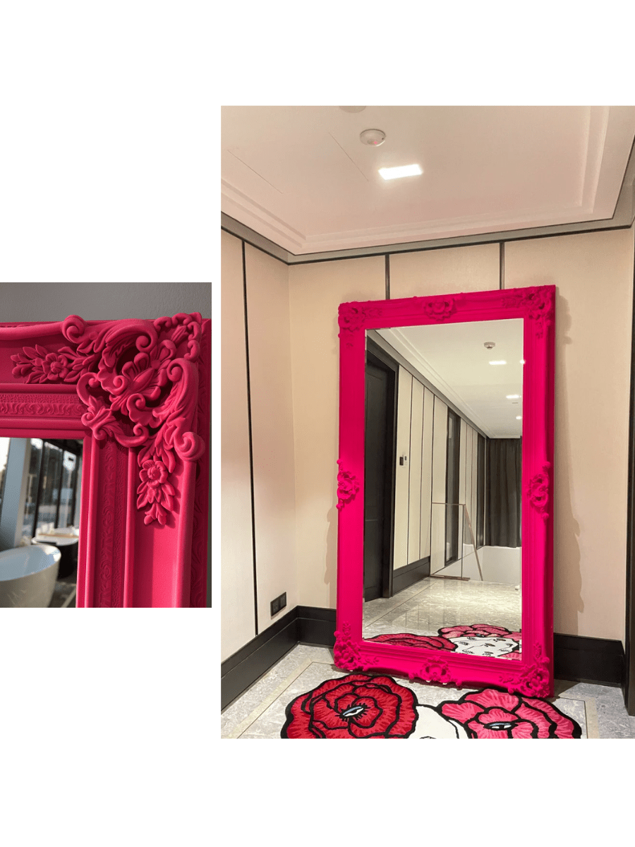 Baroque - Style Ornate Floor Mirror – Neon Pink, Neon Green, and Black Flocked Finish - 粉红色 NeoNova Decor