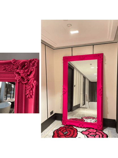 Baroque - Style Ornate Floor Mirror – Neon Pink, Neon Green, and Black Flocked Finish - 粉红色 NeoNova Decor