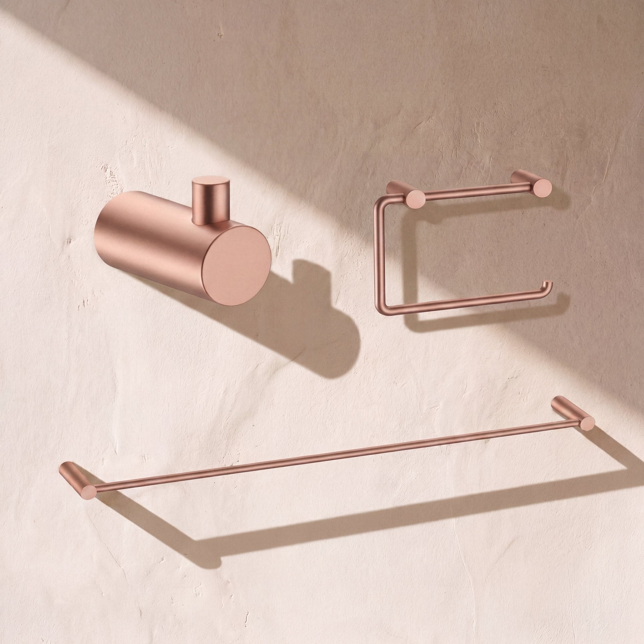 Bathroom Hardware Set with Towel Bar, Paper Holder & Robe Hook - FixturesBrushed Rose Gold