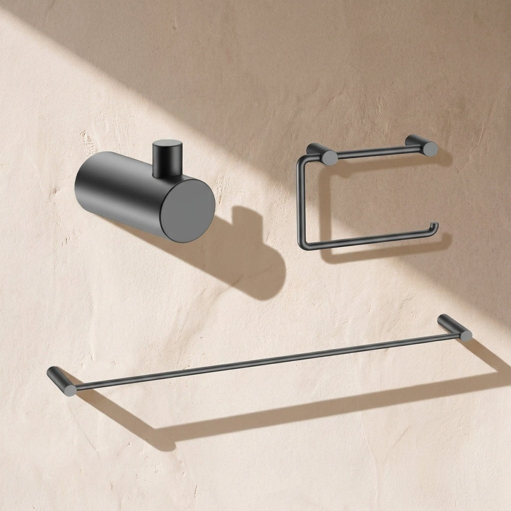 Bathroom Hardware Set with Towel Bar, Paper Holder & Robe Hook - FixturesGun Metal