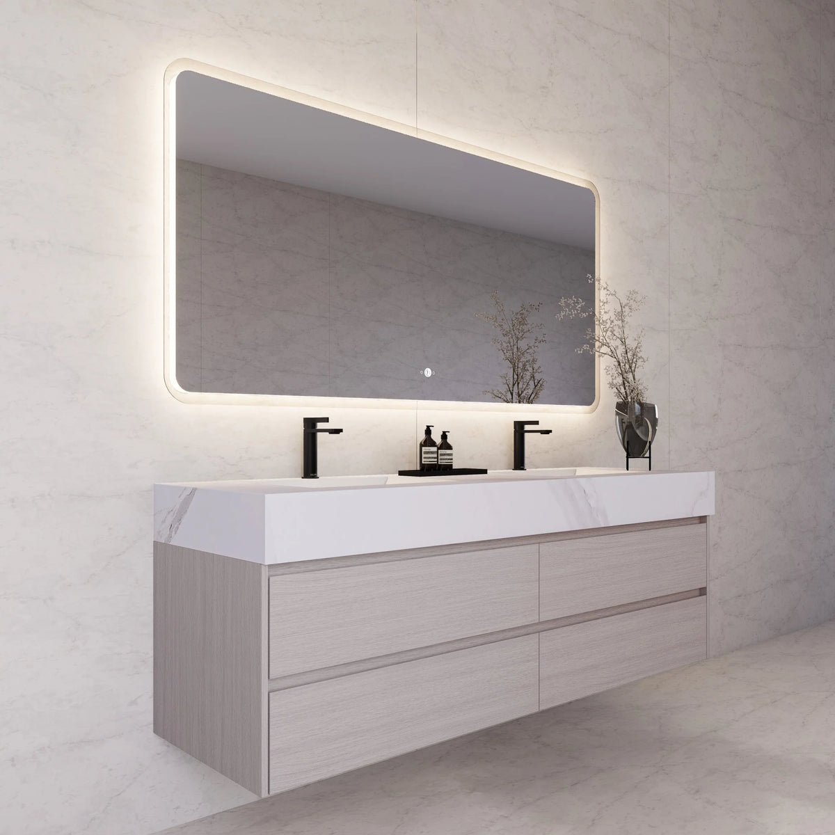 71"，60" Walnut Double Sink Sintered Stone Top with Elegant Floating Bathroom Vanity