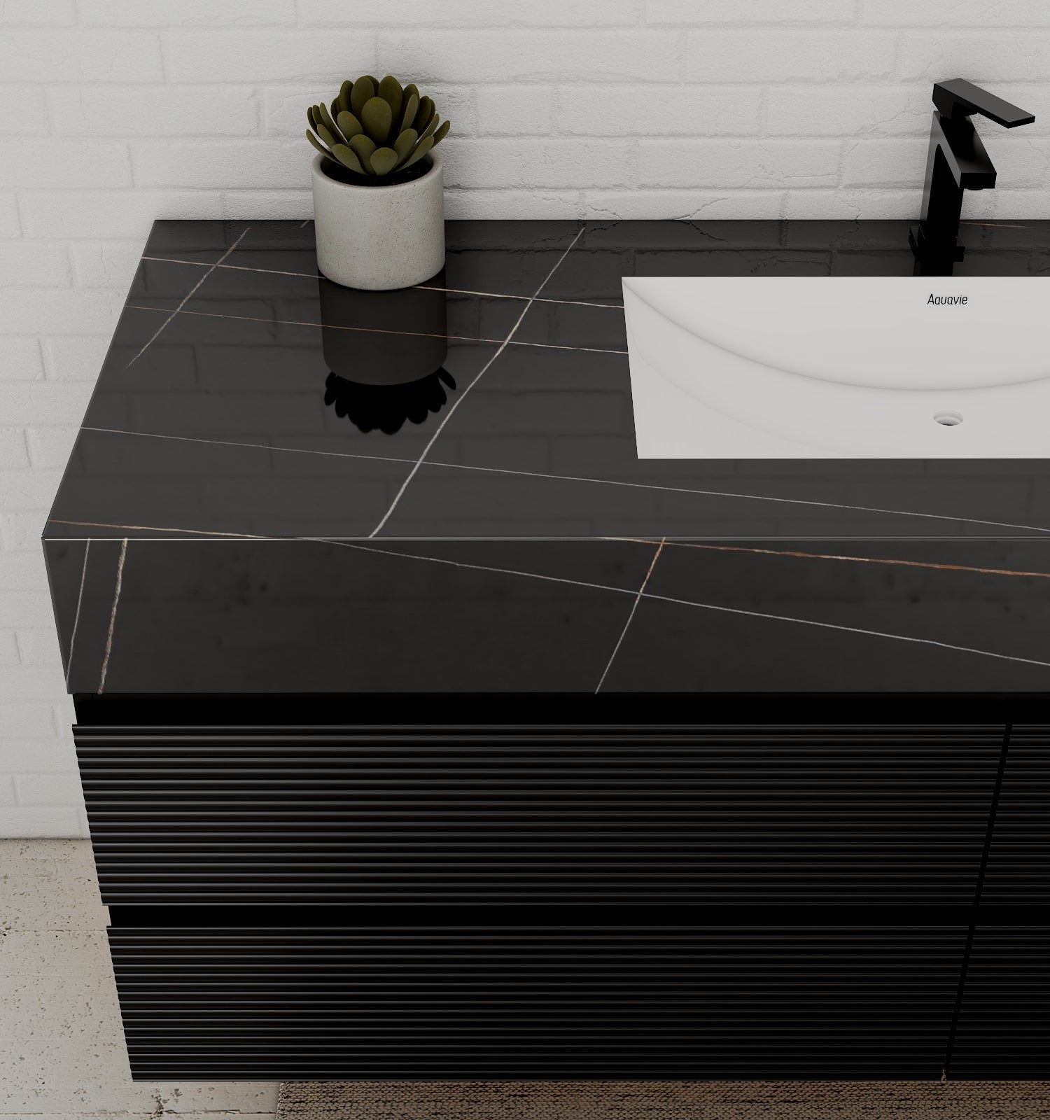 Black 60" Wall - Mounted Single Sink Bathroom Vanity with Fluted Drawers - VanityBlack Marquina Gold Veins NeoNova Decor