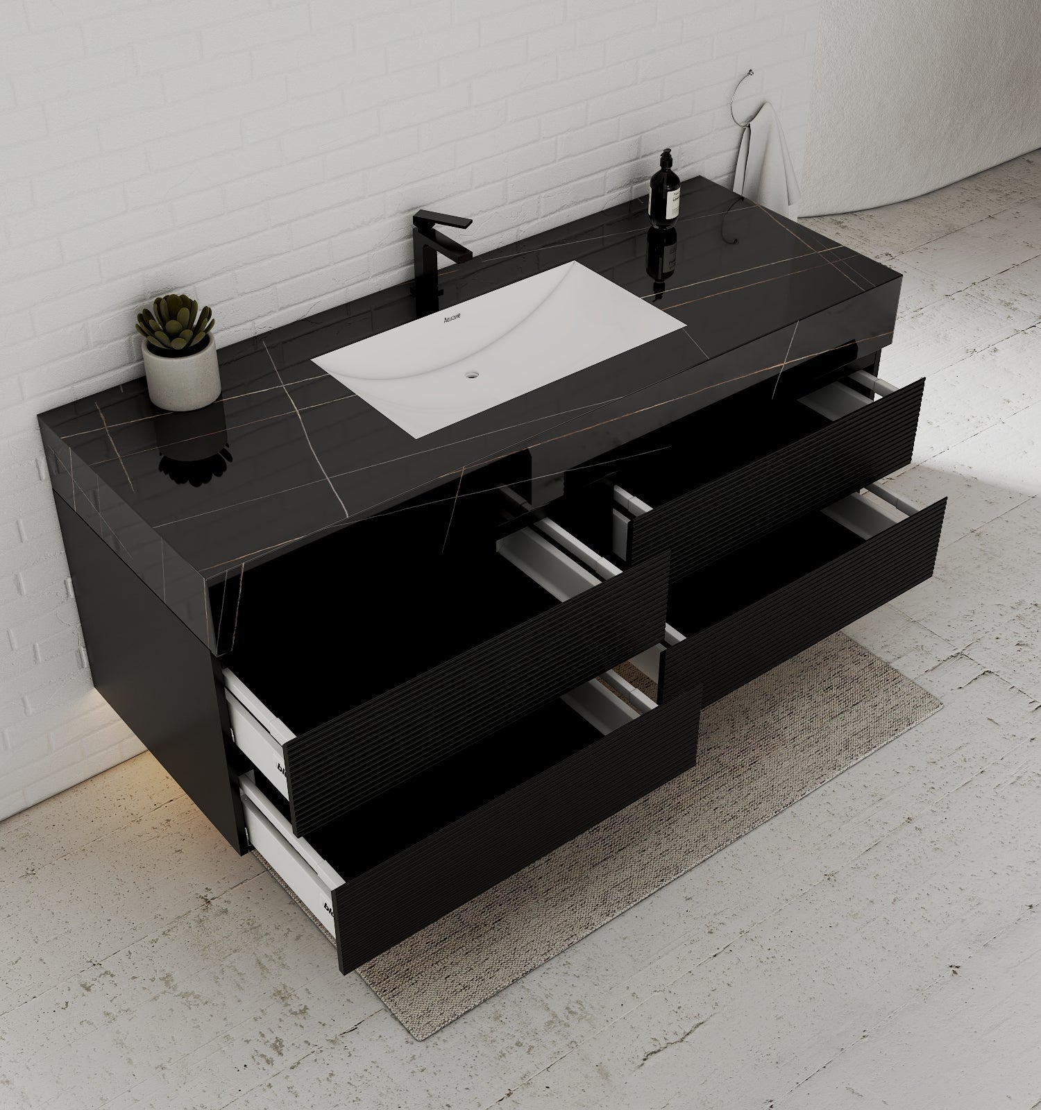 Black 60" Wall - Mounted Single Sink Bathroom Vanity with Fluted Drawers - VanityBlack Marquina Gold Veins NeoNova Decor