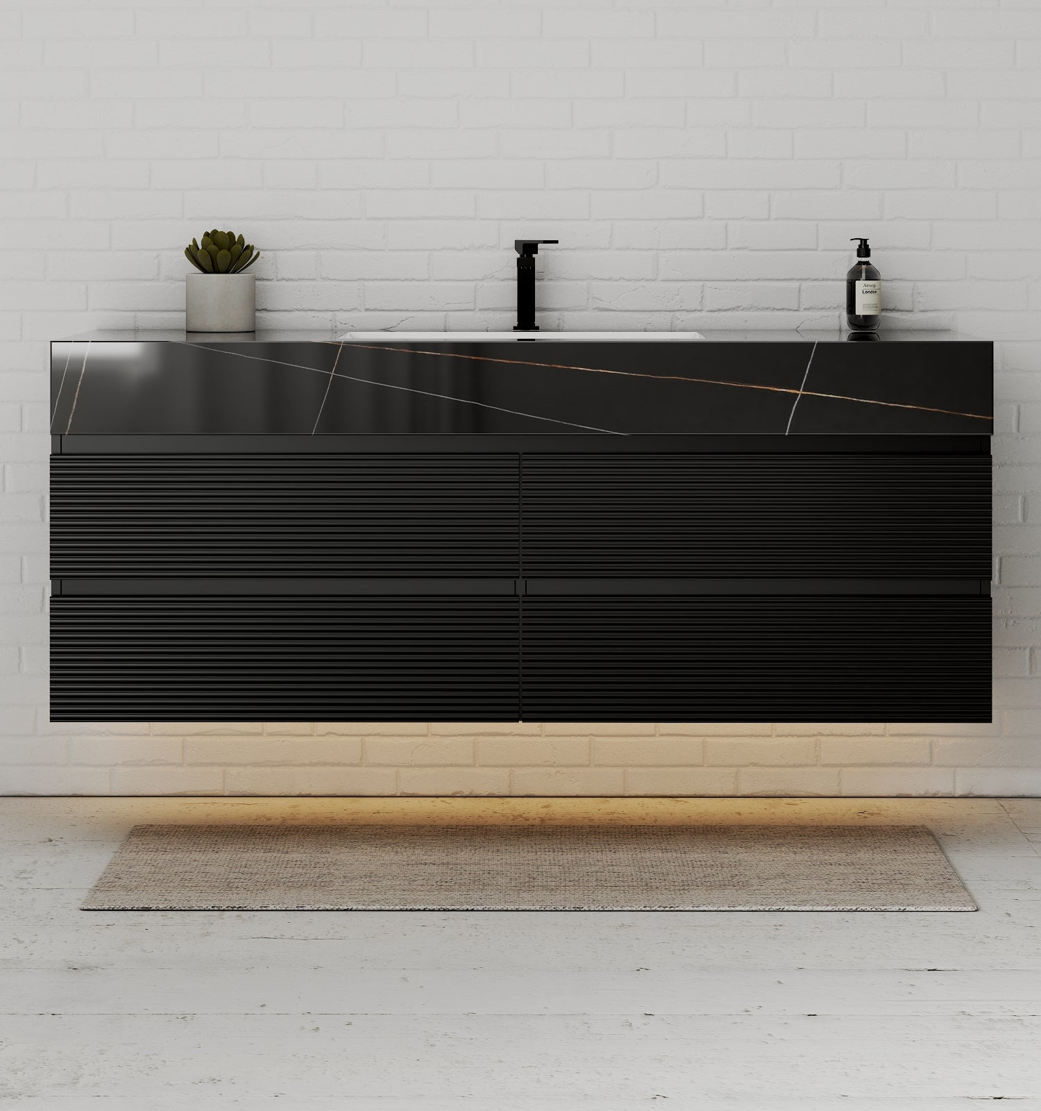 Black 60" Wall - Mounted Single Sink Bathroom Vanity with Fluted Drawers - VanityBlack Marquina Gold Veins NeoNova Decor