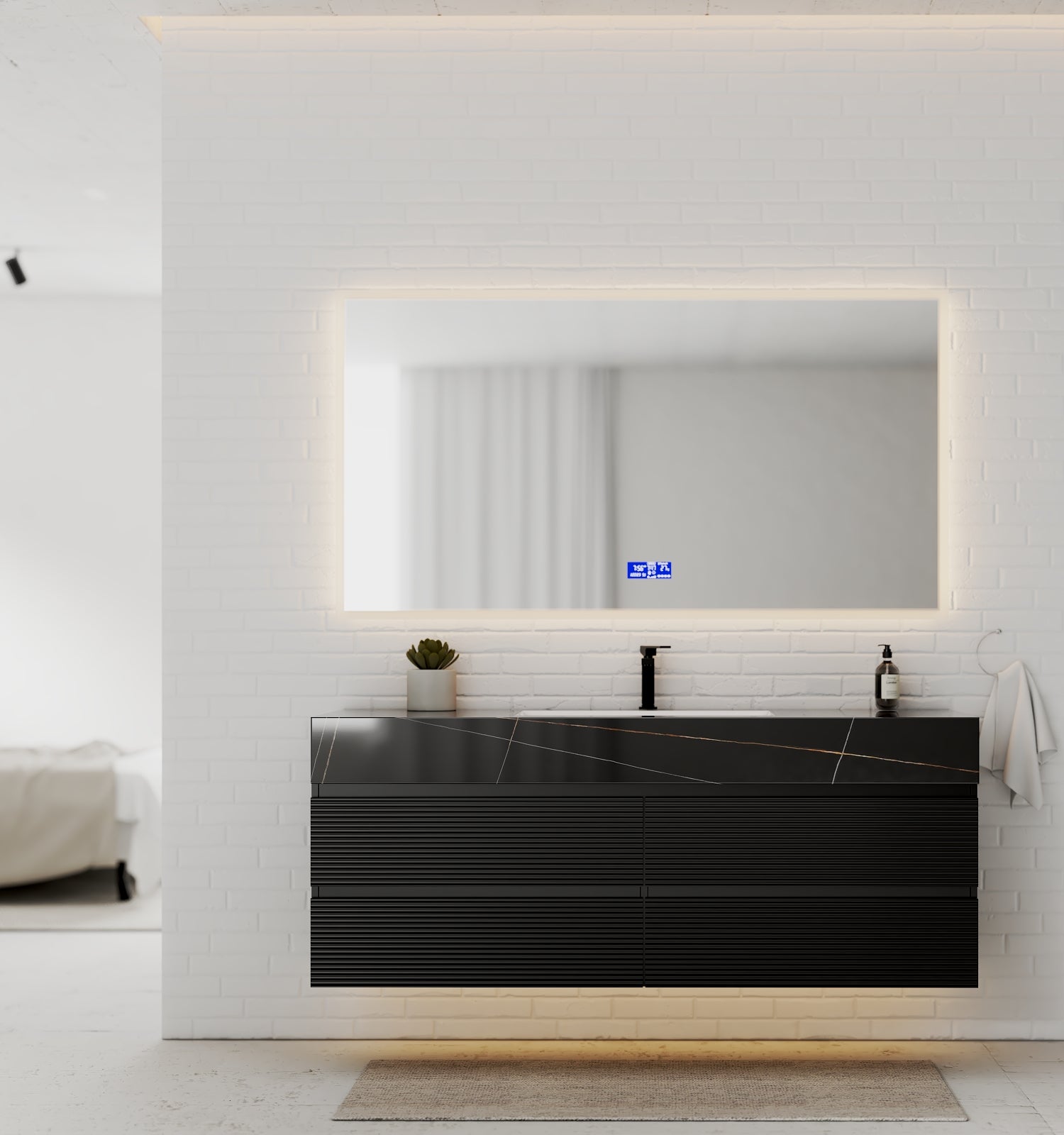 Black 60" Wall - Mounted Single Sink Bathroom Vanity with Fluted Drawers - VanityBlack Marquina Gold Veins NeoNova Decor