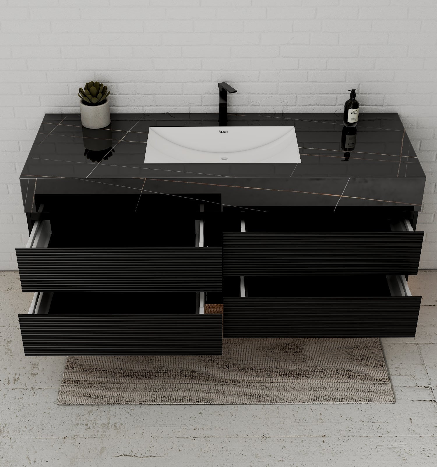 Black 60" Wall - Mounted Single Sink Bathroom Vanity with Fluted Drawers - VanityBlack Marquina Gold Veins NeoNova Decor