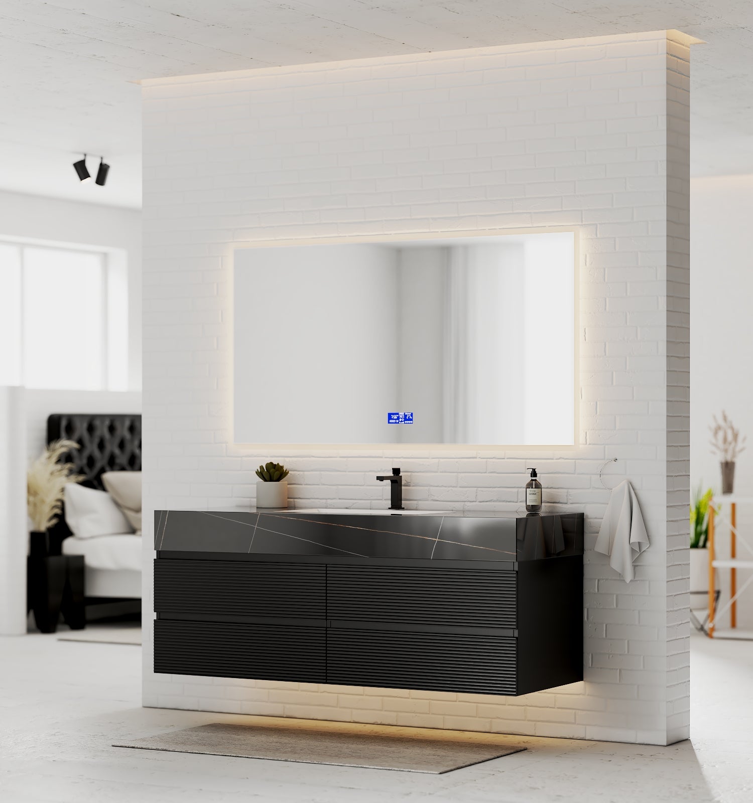 Black 60" Wall - Mounted Single Sink Bathroom Vanity with Fluted Drawers - VanityBlack Marquina Gold Veins NeoNova Decor