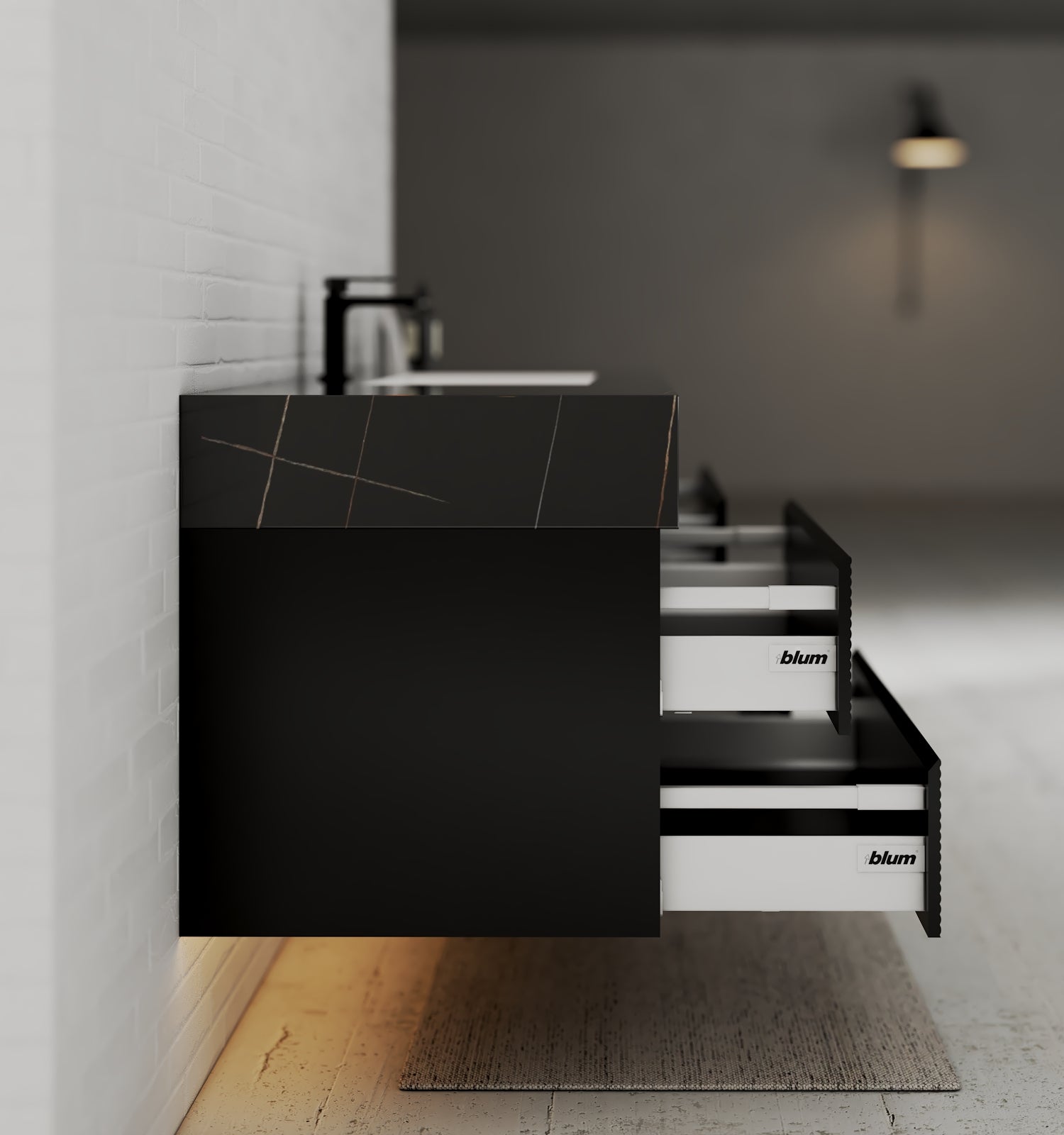 Black 60" Wall - Mounted Single Sink Bathroom Vanity with Fluted Drawers - VanityBlack Marquina Gold Veins NeoNova Decor