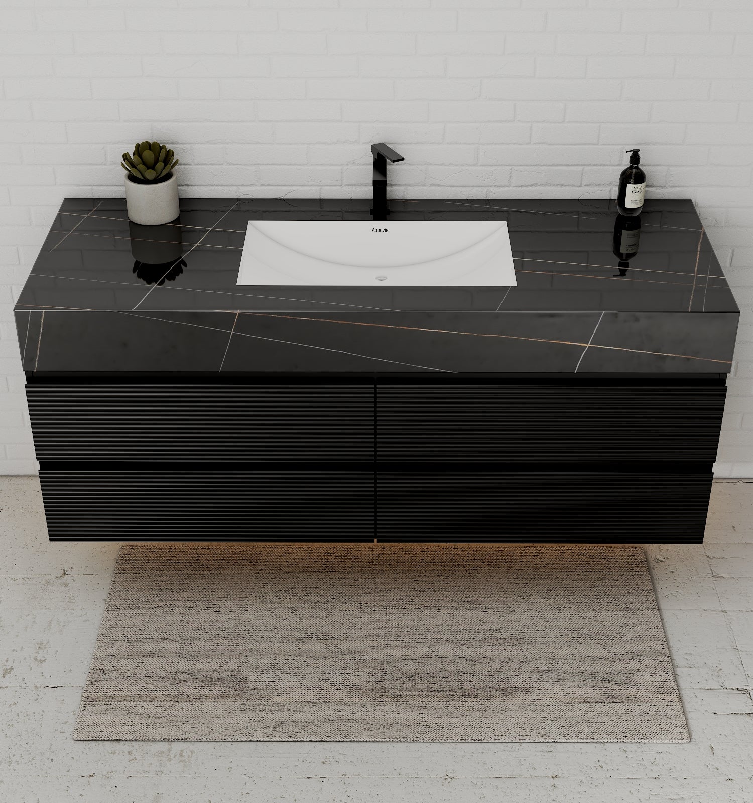 Black 60" Wall - Mounted Single Sink Bathroom Vanity with Fluted Drawers - VanityBlack Marquina Gold Veins NeoNova Decor