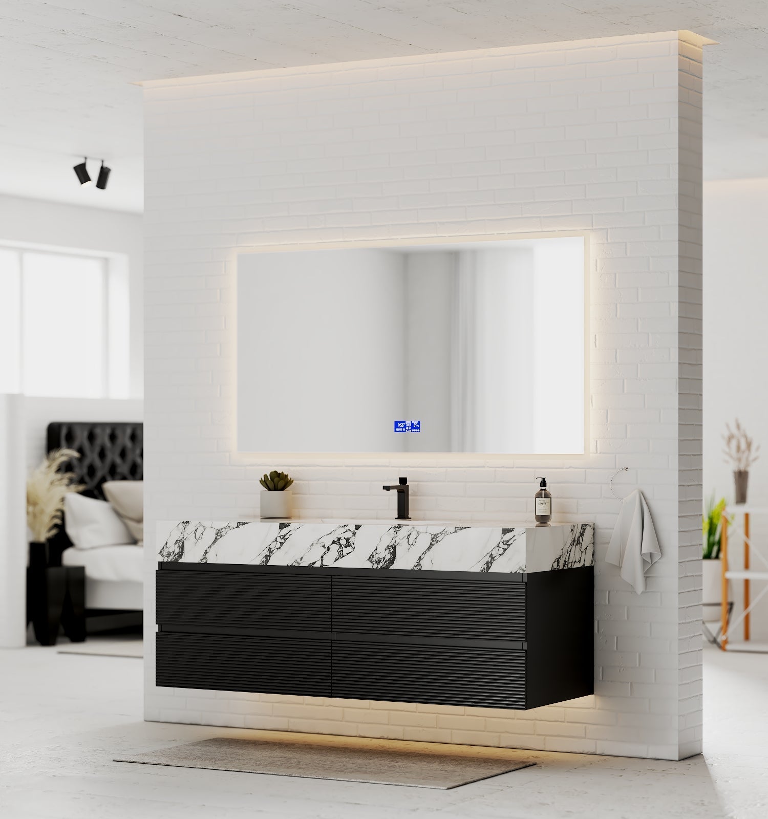 Black 60" Wall - Mounted Single Sink Bathroom Vanity with Fluted Drawers - VanityCalacatta Black NeoNova Decor