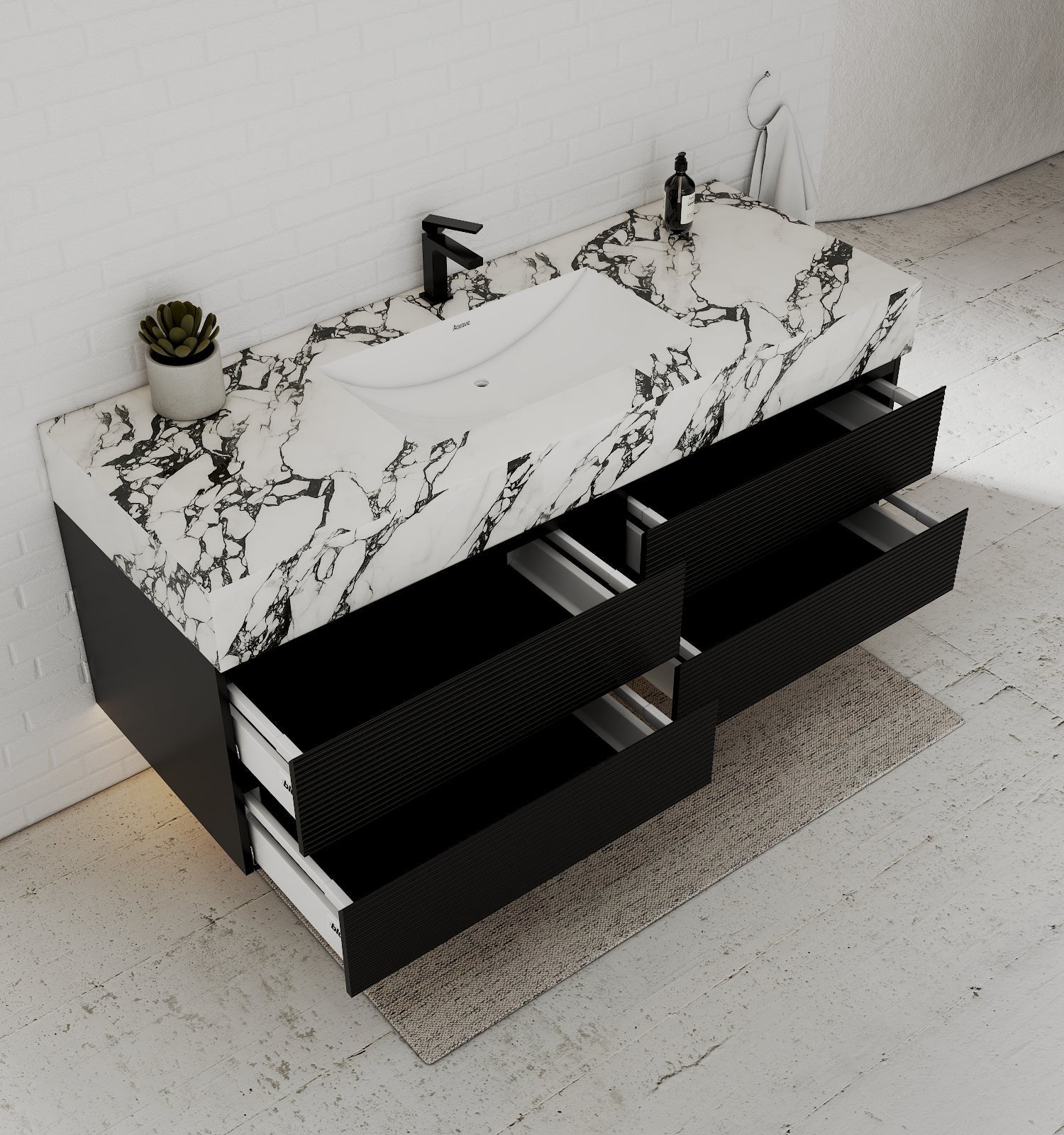 Black 60" Wall - Mounted Single Sink Bathroom Vanity with Fluted Drawers - VanityCalacatta Black NeoNova Decor