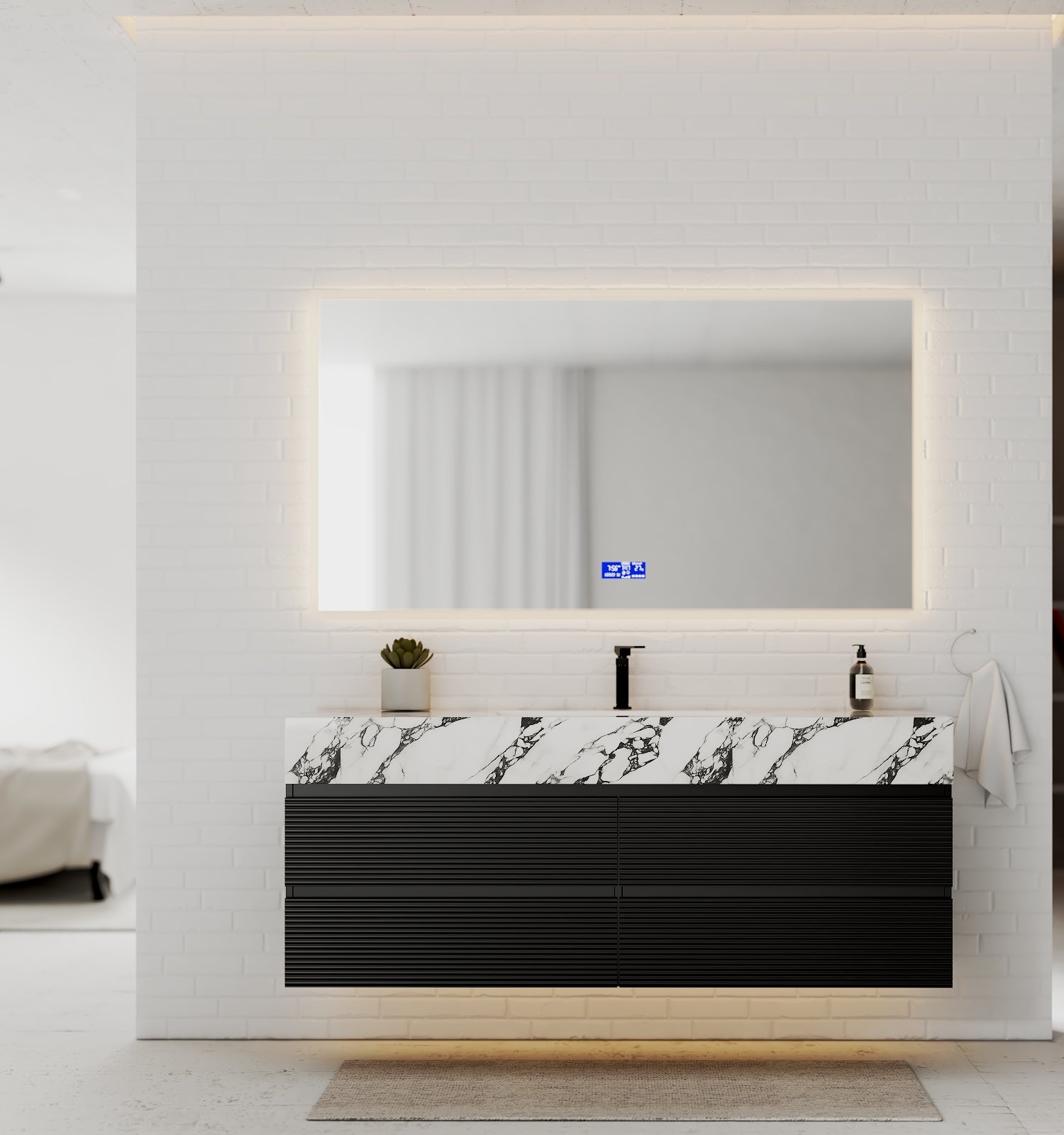 Black 60" Wall - Mounted Single Sink Bathroom Vanity with Fluted Drawers - VanityCalacatta Black NeoNova Decor